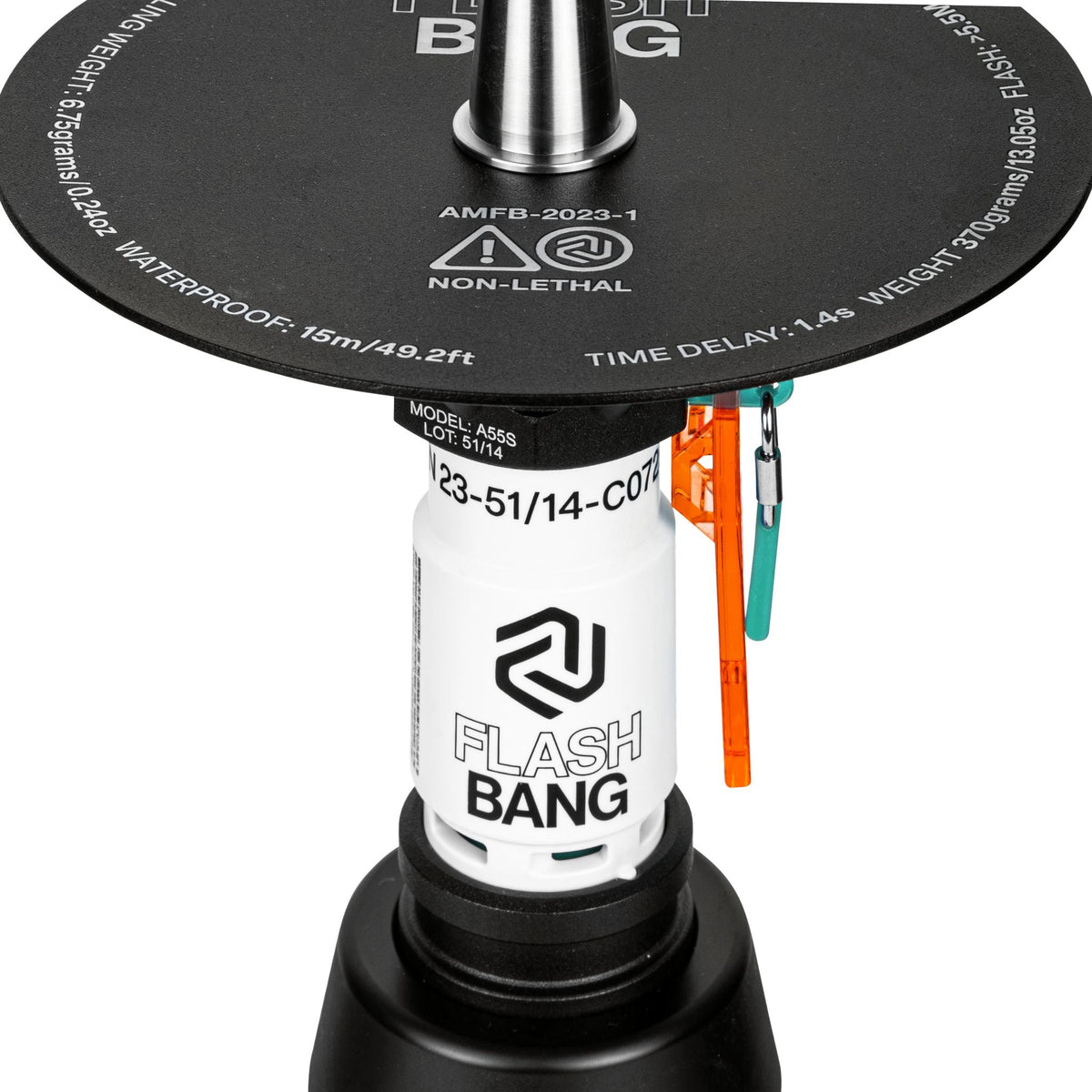 Top view of Amotion Flash Bang Pumpkin shisha black charcoal plate showing Flash Bang branding and printed spec markings, image 3 of 4