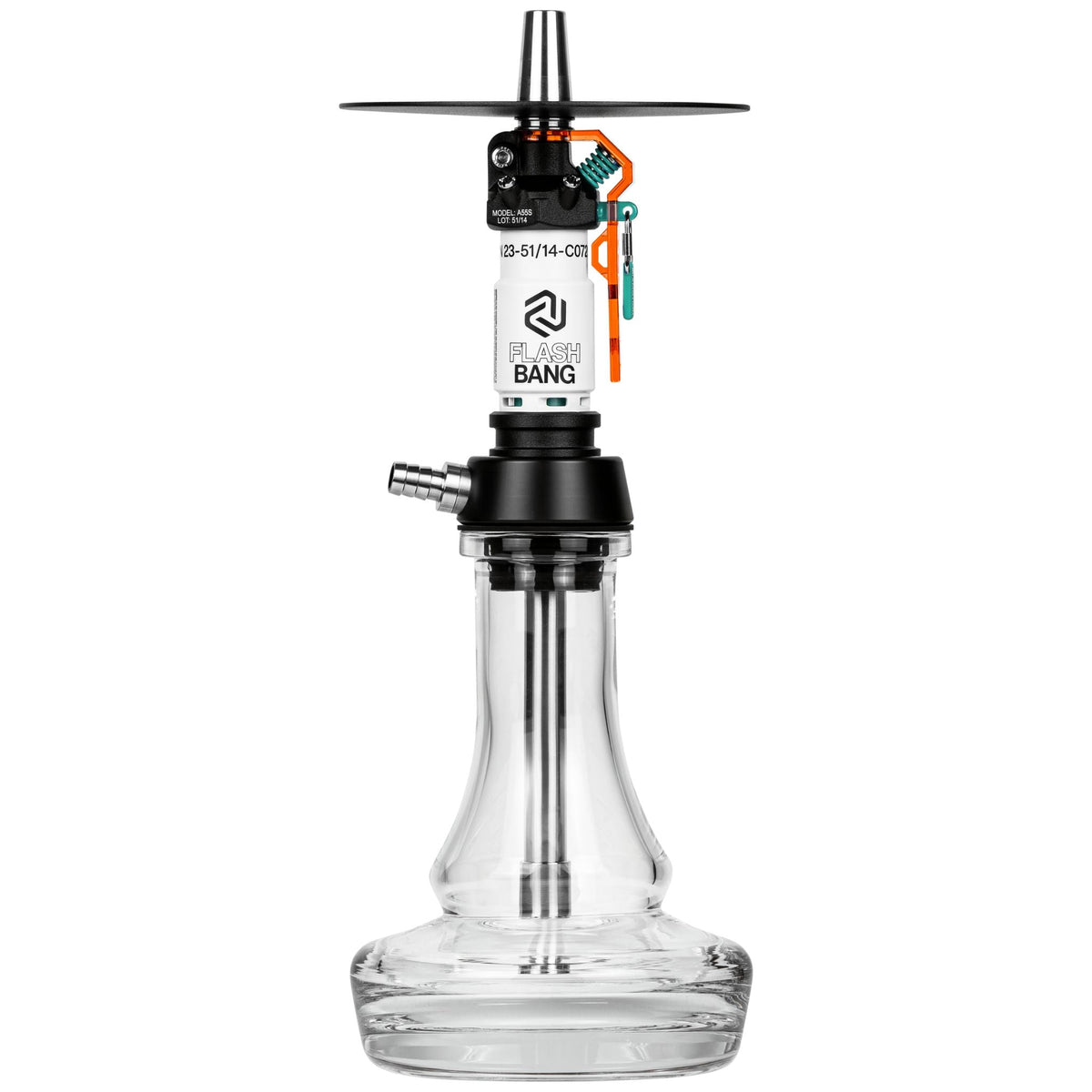 Amotion Flash Bang Pumpkin shisha front view with translucent burnt-orange safety lever, white sleeve and clear 45mm plug-in glass base, image 2 of 4