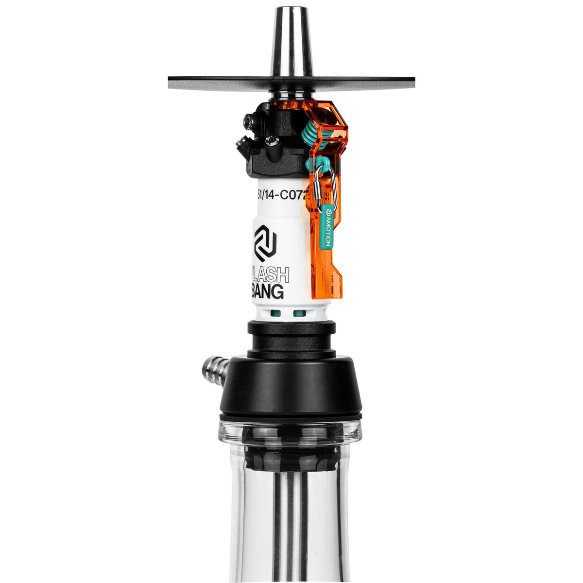 Side detail of Amotion Flash Bang Pumpkin shisha central column with Flash Bang logo, burnt-orange safety lever and stainless steel hose connection, image 4 of 4