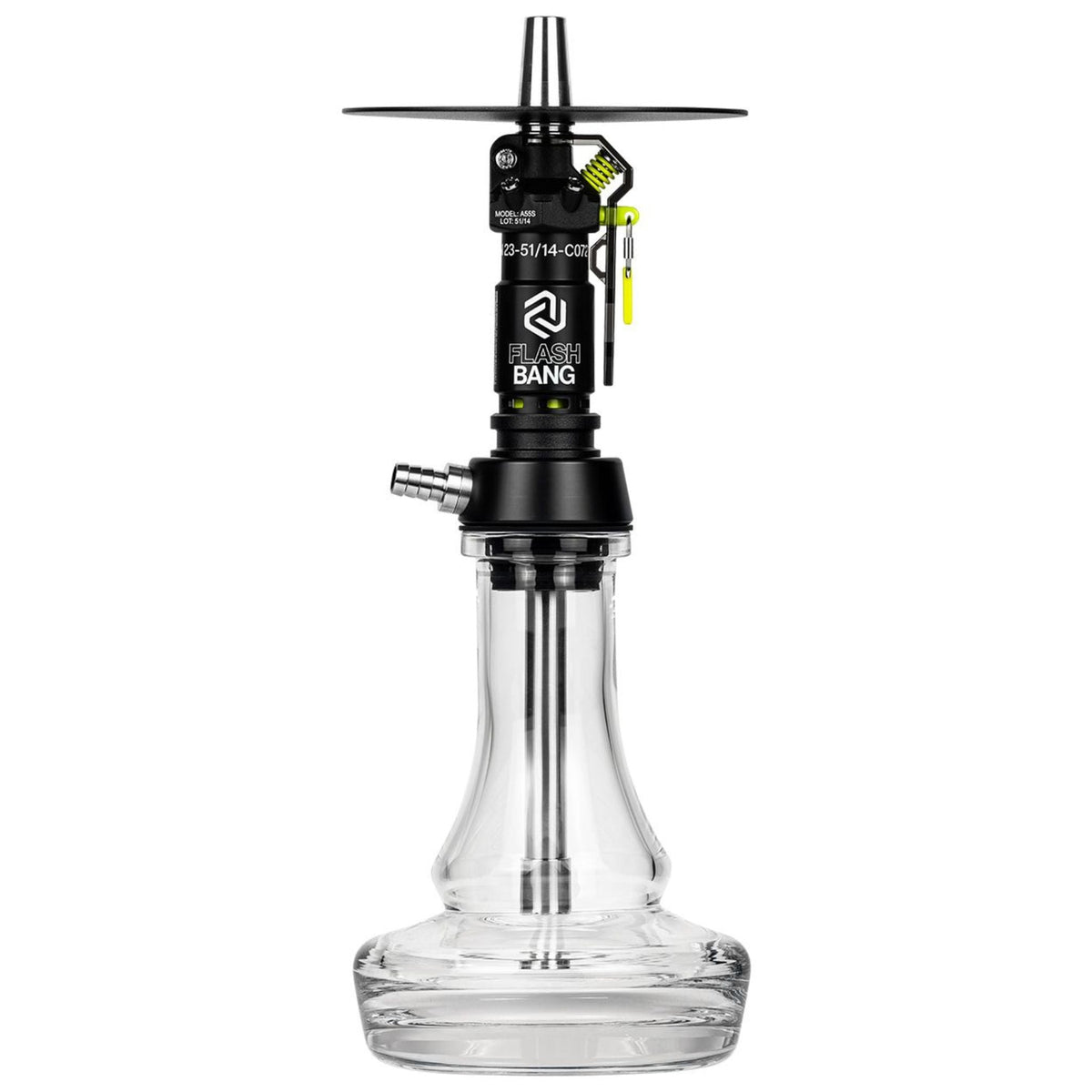Amotion Flash Bang Slate shisha front view — matte grey sleeve over stainless core, clear plug-in glass base, single hose port, image 2 of 5