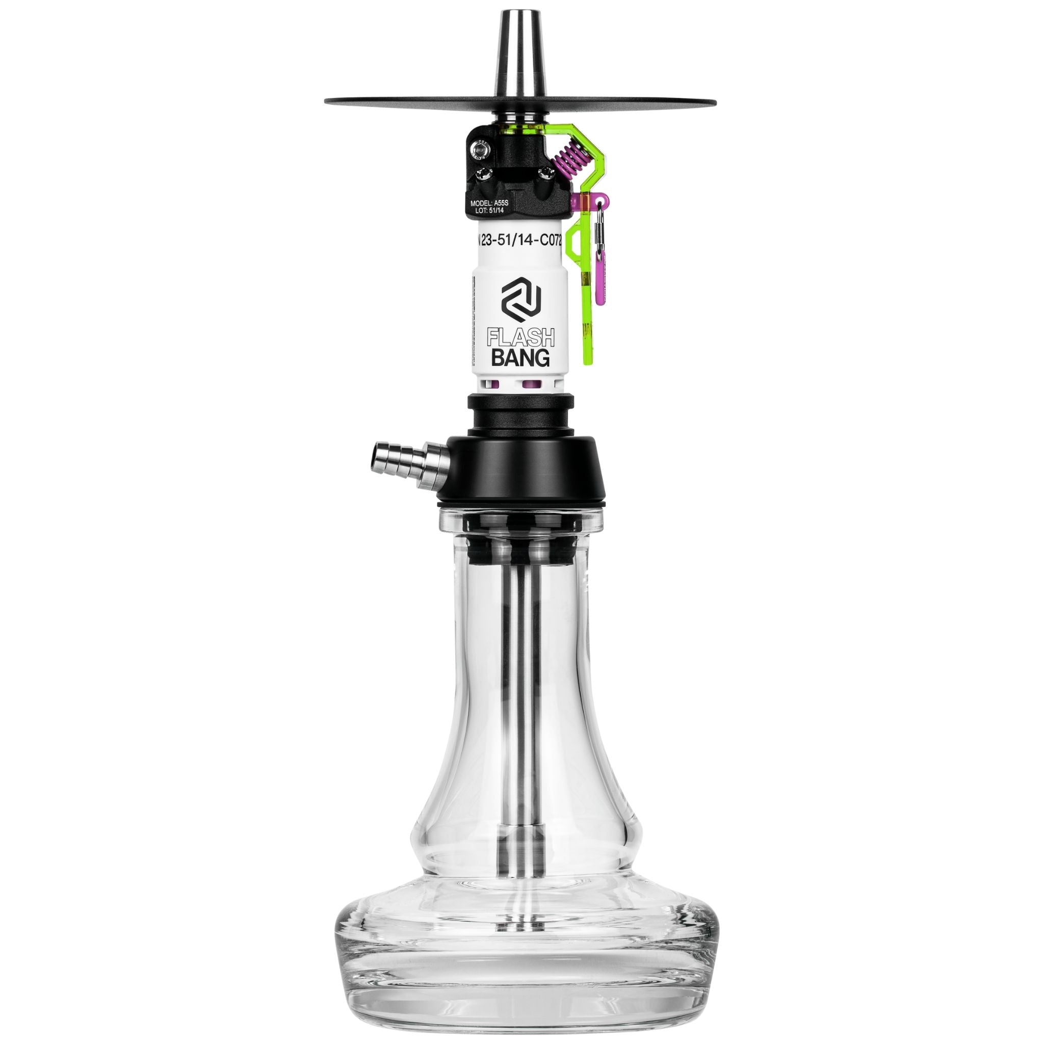 Amotion Flash Bang Toxic shisha front view with neon green safety lever, white sleeve and clear 45mm plug-in glass base