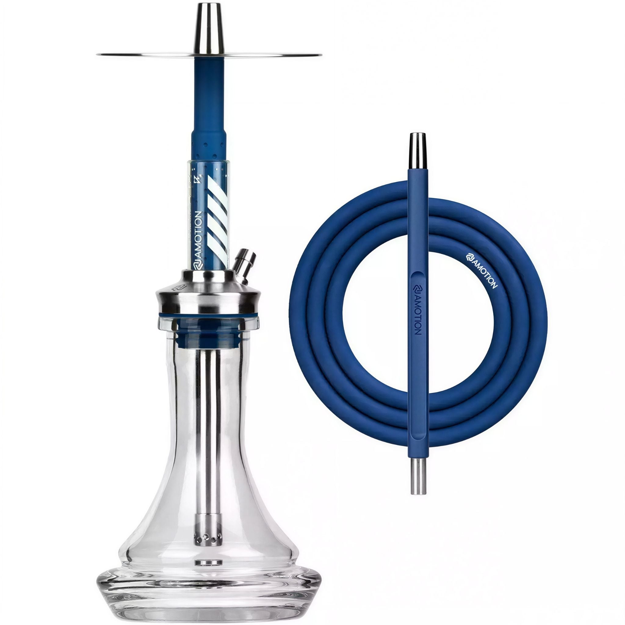 Amotion FUTR Cobalt shisha complete set — deep cobalt-blue silicone hose, coordinated mouthpiece, 45 mm plug-in glass base, from The Premium Way