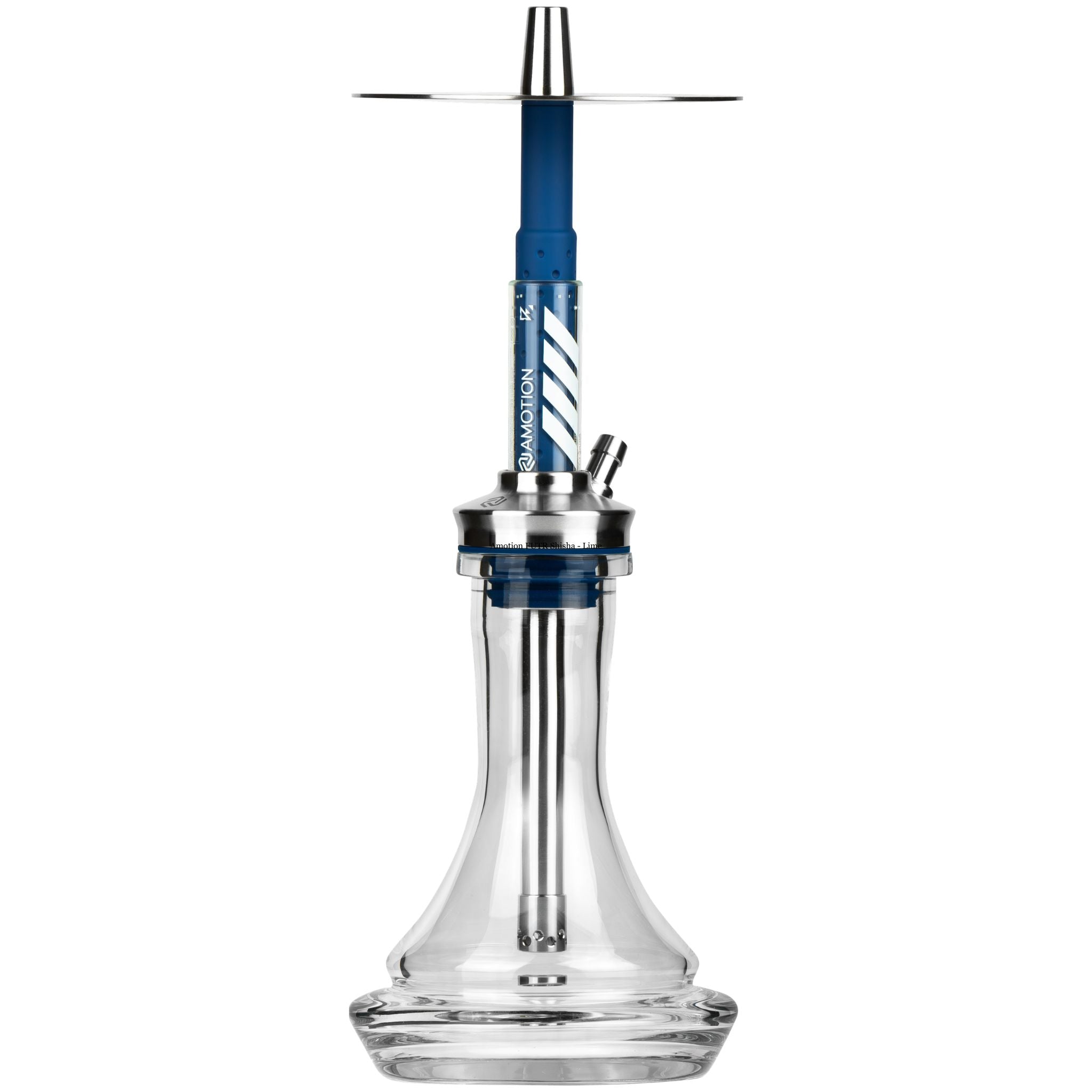 Amotion FUTR Cobalt shisha front view — saturated cobalt-blue glass column with chevron graphic, stainless plate and clear plug-in base