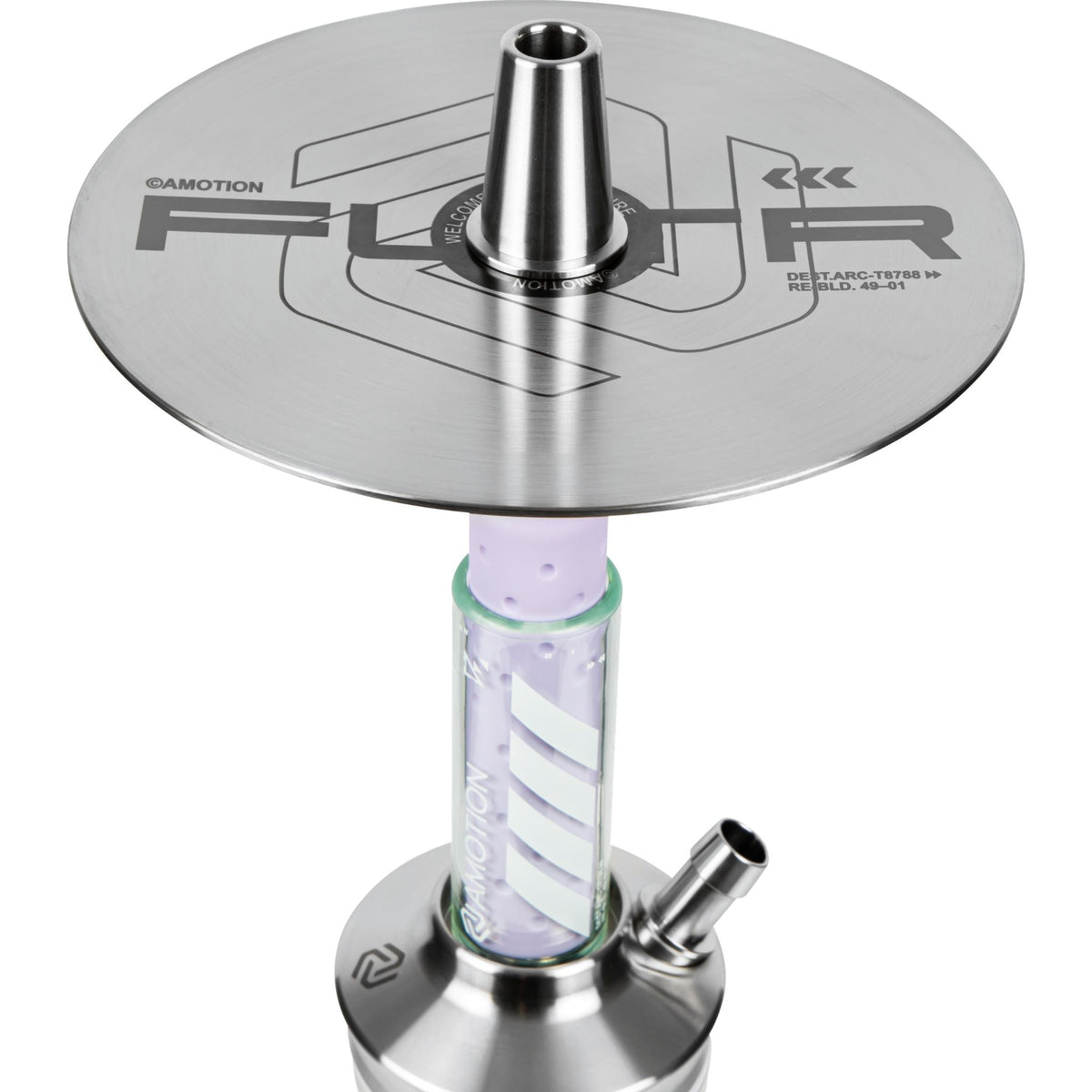 Amotion FUTR Mauve charcoal plate top — brushed stainless plate engraved with FUTR branding and Amotion design codes, image 4 of 6