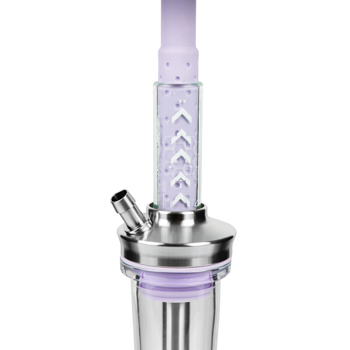 Amotion FUTR Mauve column close-up — chevron and honeycomb graphic etched into the dusty-purple glass column above the stainless hose port, image 6 of 6