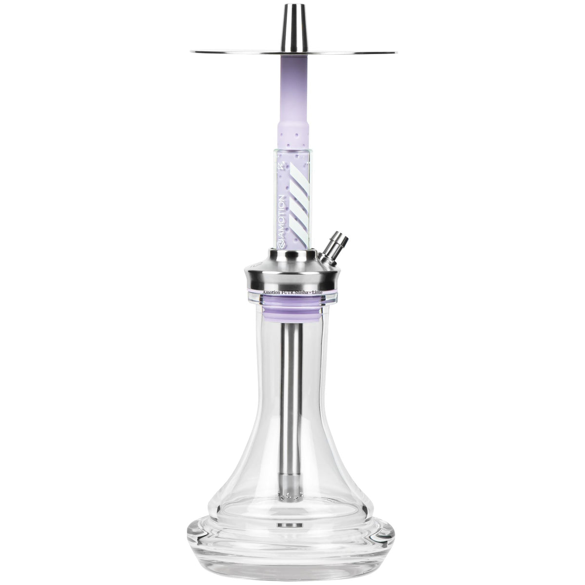 Amotion FUTR Mauve shisha front view — muted dusty-purple glass column with chevron graphic, stainless plate and clear plug-in base, image 2 of 6