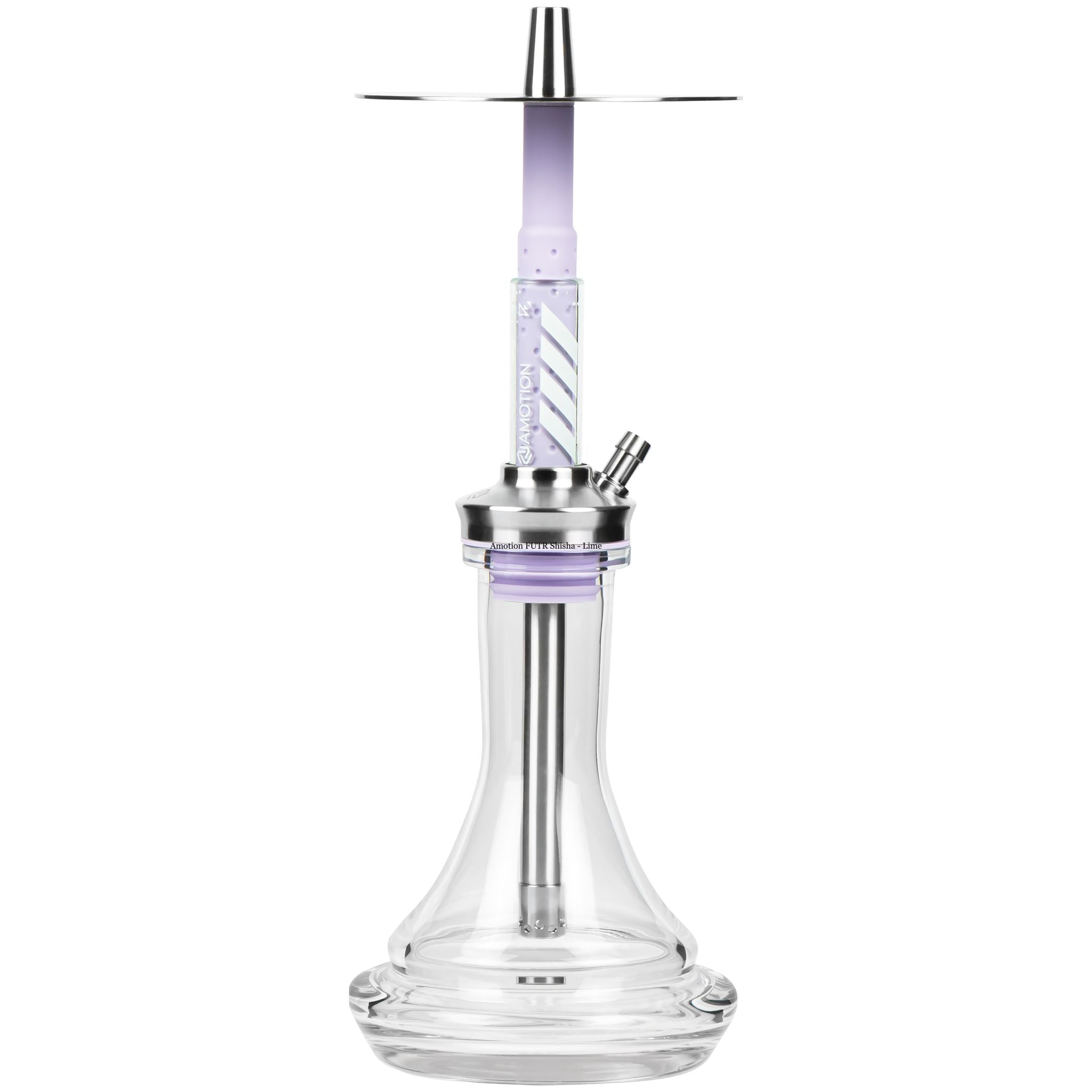 Amotion FUTR Mauve shisha front view — muted dusty-purple glass column with chevron graphic, stainless plate and clear plug-in base