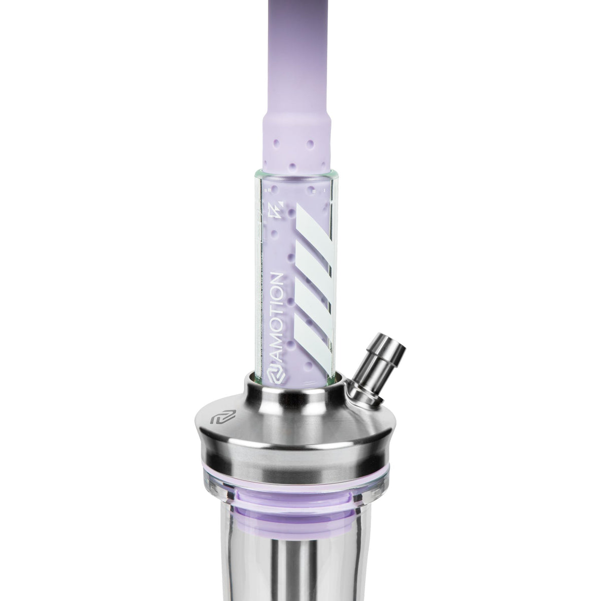Amotion FUTR Mauve upper section — dusty-purple glass column with diagonal Amotion graphic and stainless hose port, image 5 of 6