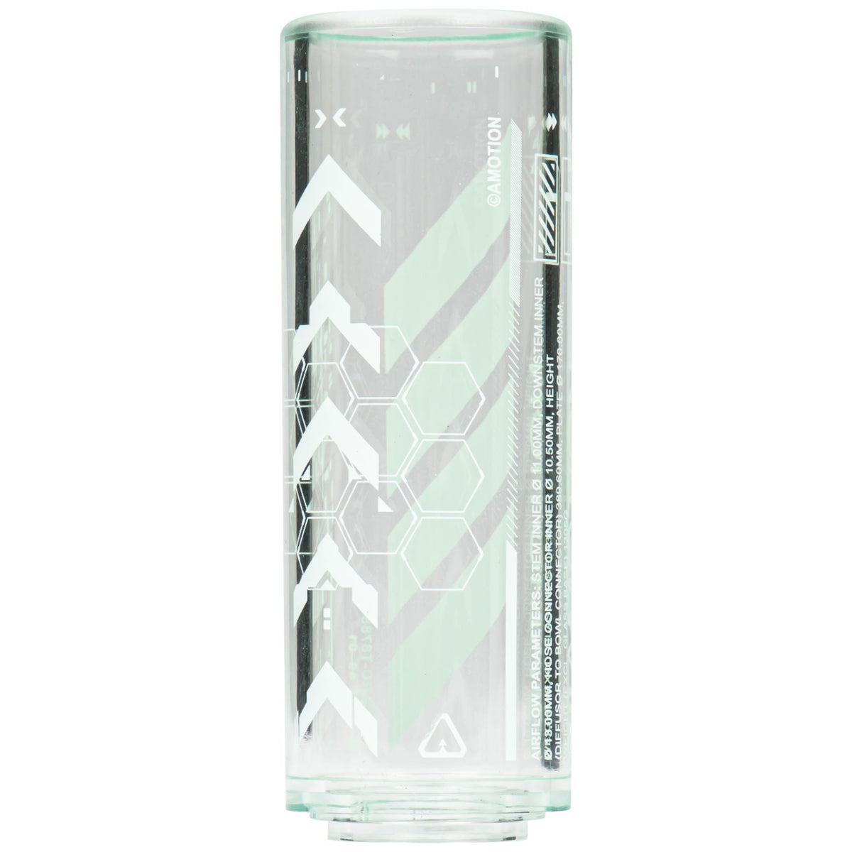 Amotion FUTR Midnight clear glass column close-up — chevron, honeycomb and arrow graphic etched with airflow spec callouts, image 5 of 6