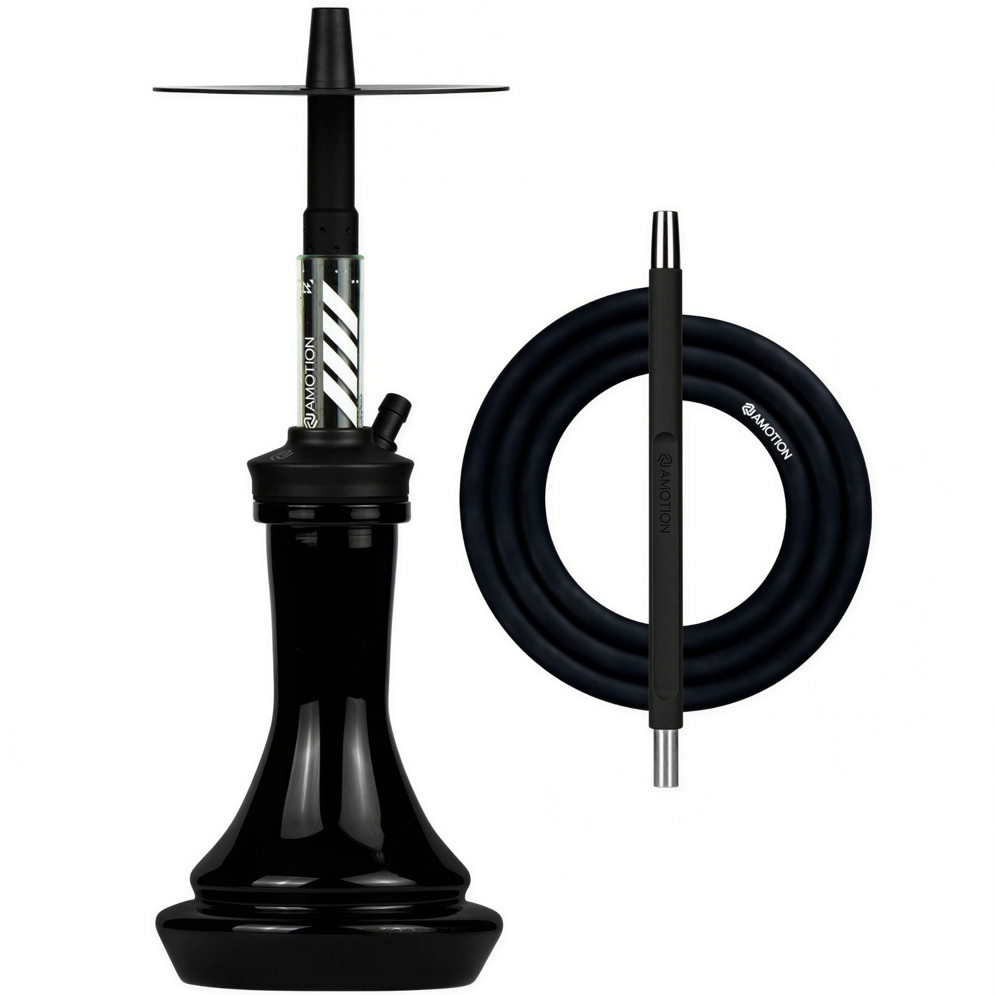 Amotion FUTR Midnight shisha complete set — matte-black silicone hose, coordinated mouthpiece, gloss-black glass base, from The Premium Way