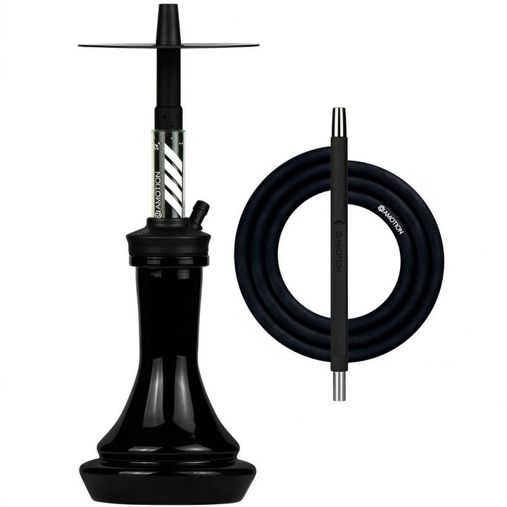 Amotion FUTR Midnight shisha complete set — matte-black silicone hose, coordinated mouthpiece, gloss-black glass base, from The Premium Way