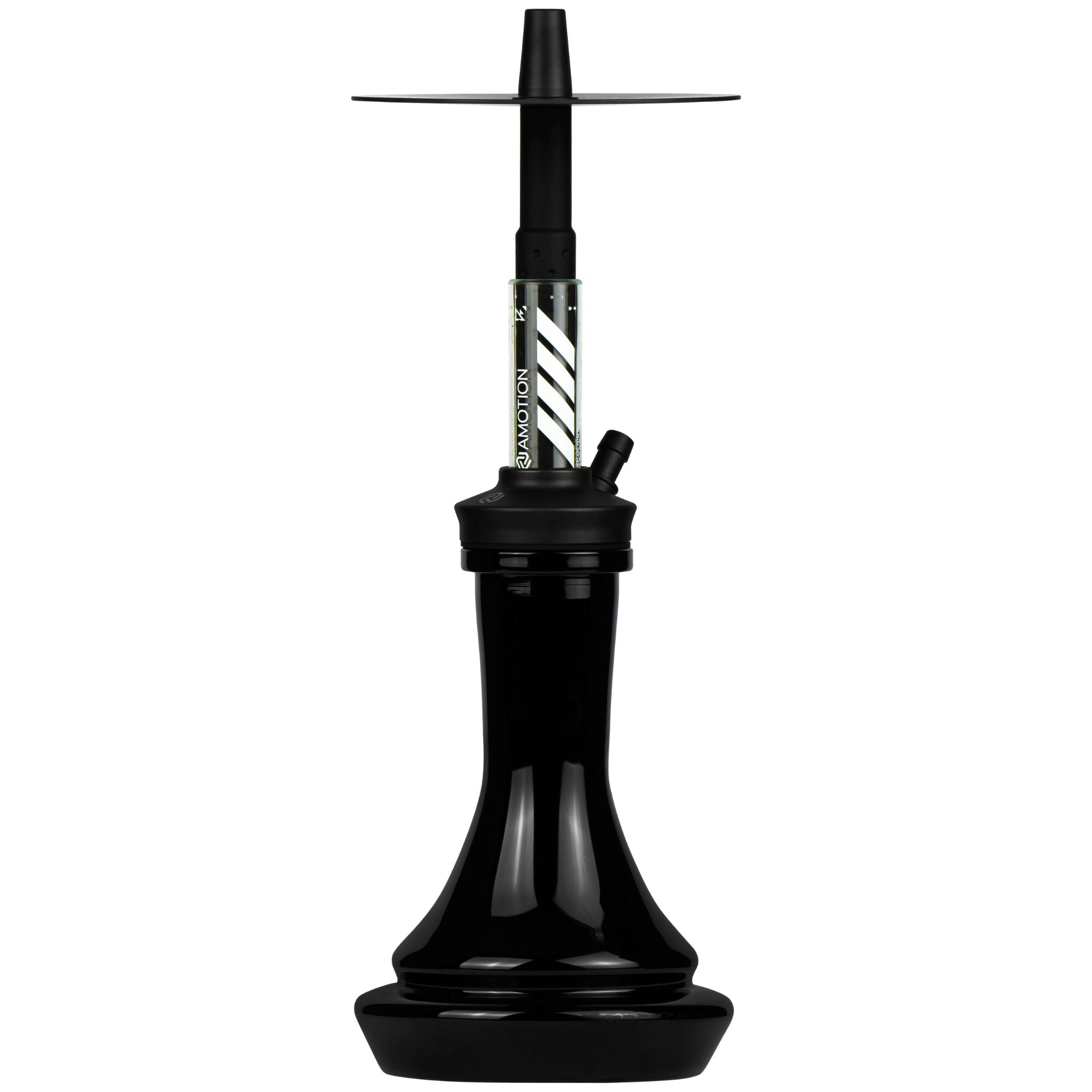 Amotion FUTR Midnight shisha front view — deep blue-black gloss body, matte stainless plate and chevron-graphic glass column