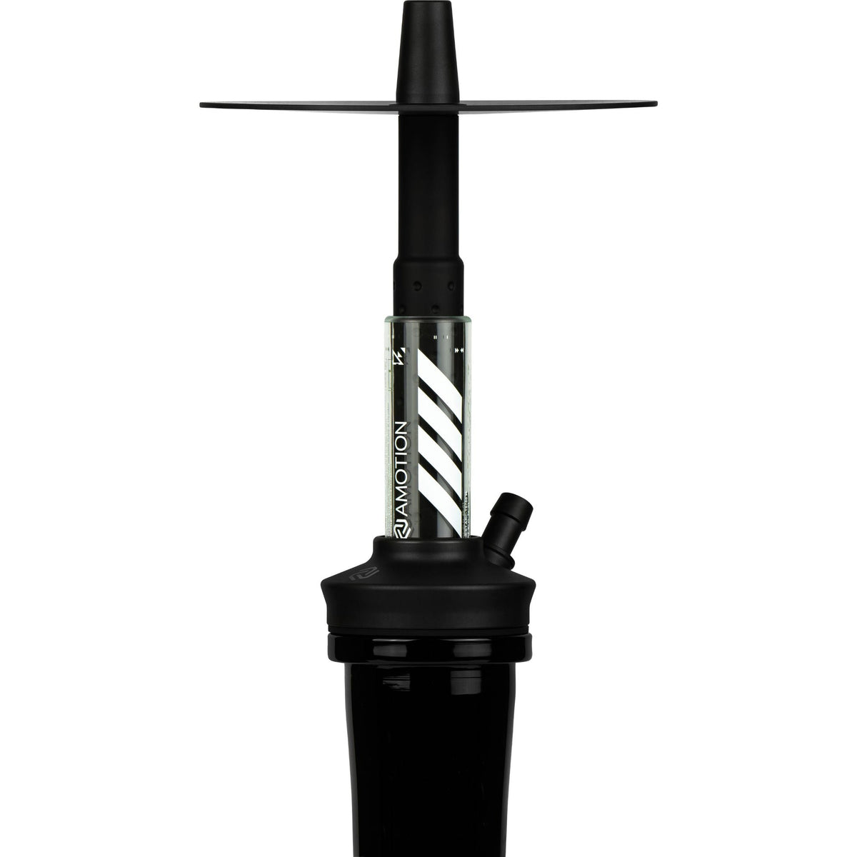 Amotion FUTR Midnight upper section close-up — chevron-graphic clear glass column above matte-black base and stainless hose port, image 3 of 6