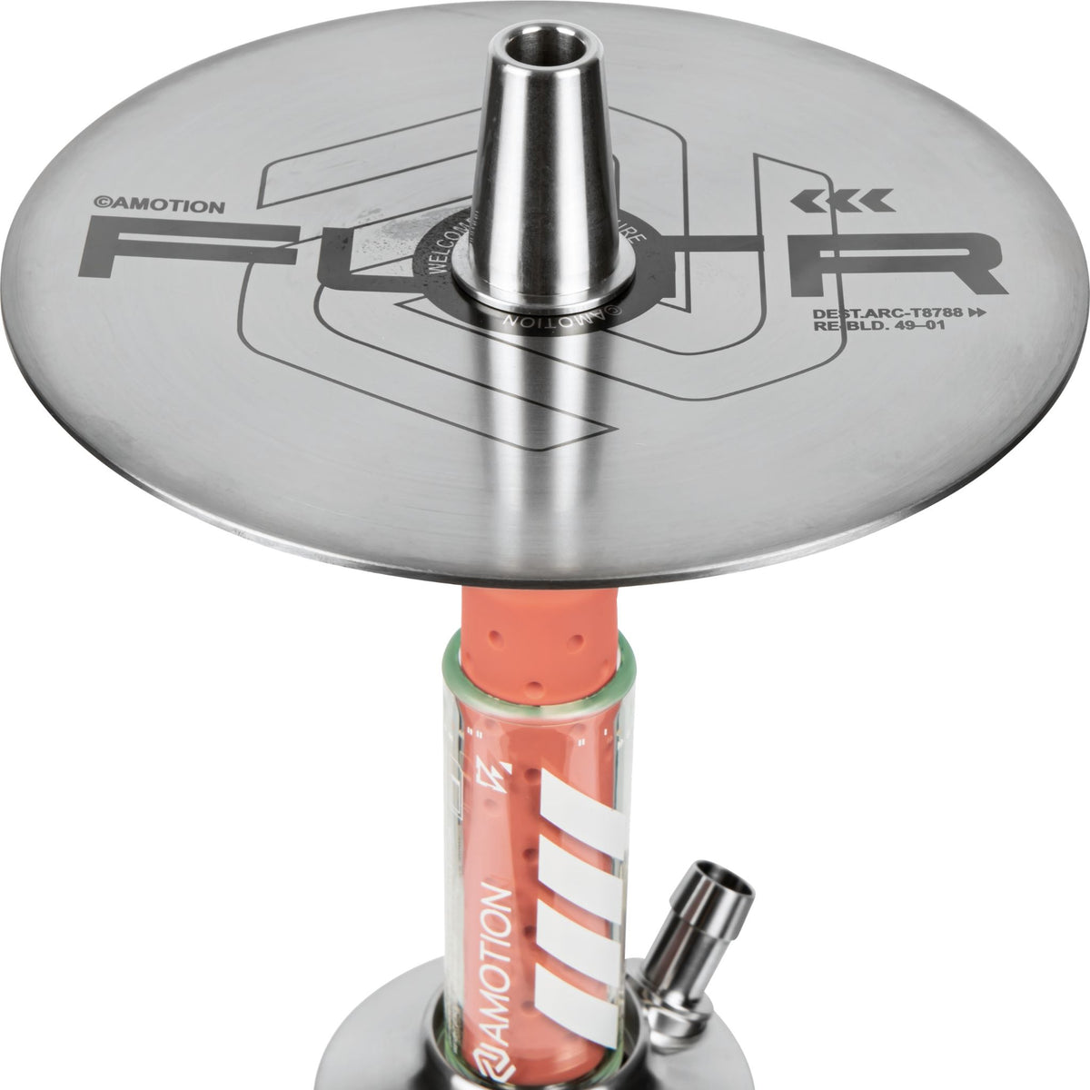 Amotion FUTR Rouge charcoal plate top — brushed stainless plate engraved with FUTR branding and design codes above the red glass column, image 3 of 6
