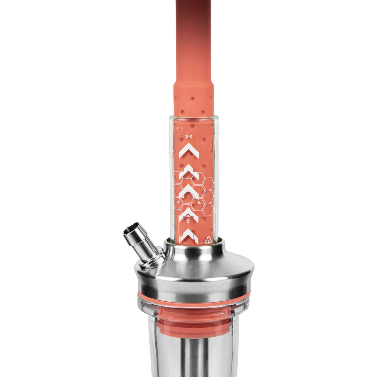 Amotion FUTR Rouge column close-up — chevron and honeycomb graphic etched into the red glass column above the stainless hose port, image 5 of 6