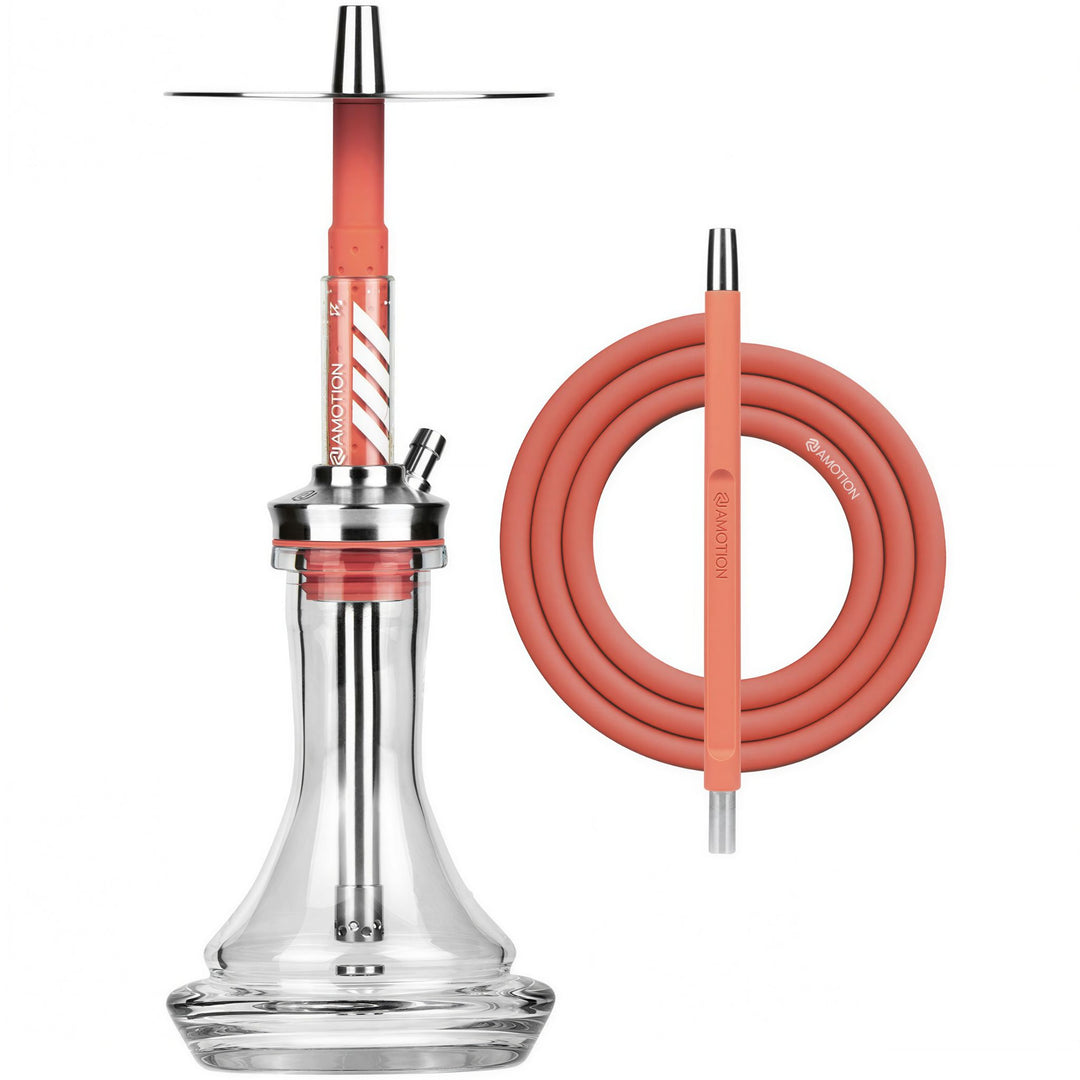 Amotion FUTR Rouge shisha complete set — red FUTR body with stainless tray and clear 45 mm plug-in glass base, shown with the coordinated coral-red silicone hose
