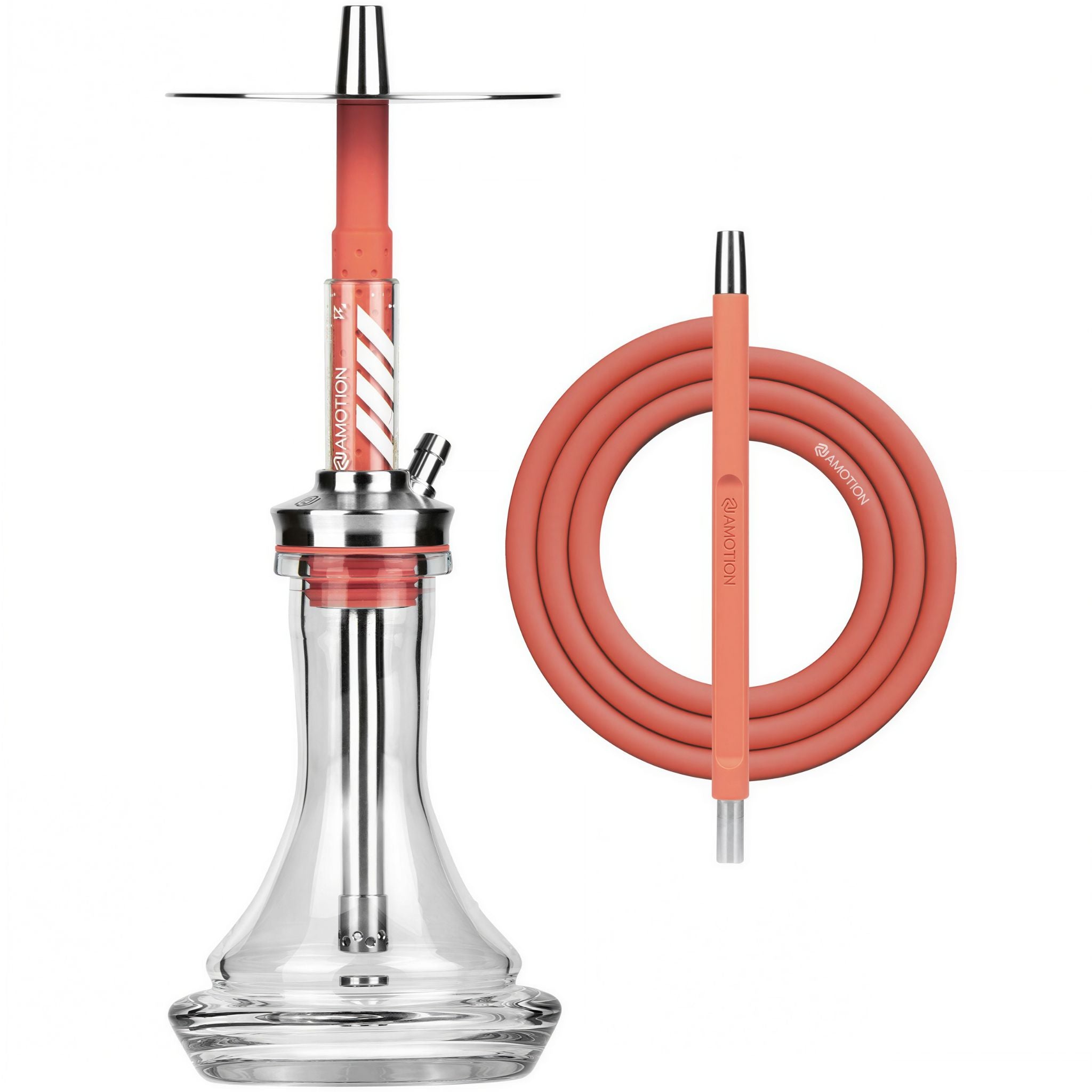 Amotion FUTR Rouge shisha complete set — red FUTR body with stainless tray and clear 45 mm plug-in glass base, shown with the coordinated coral-red silicone hose, from The Premium Way