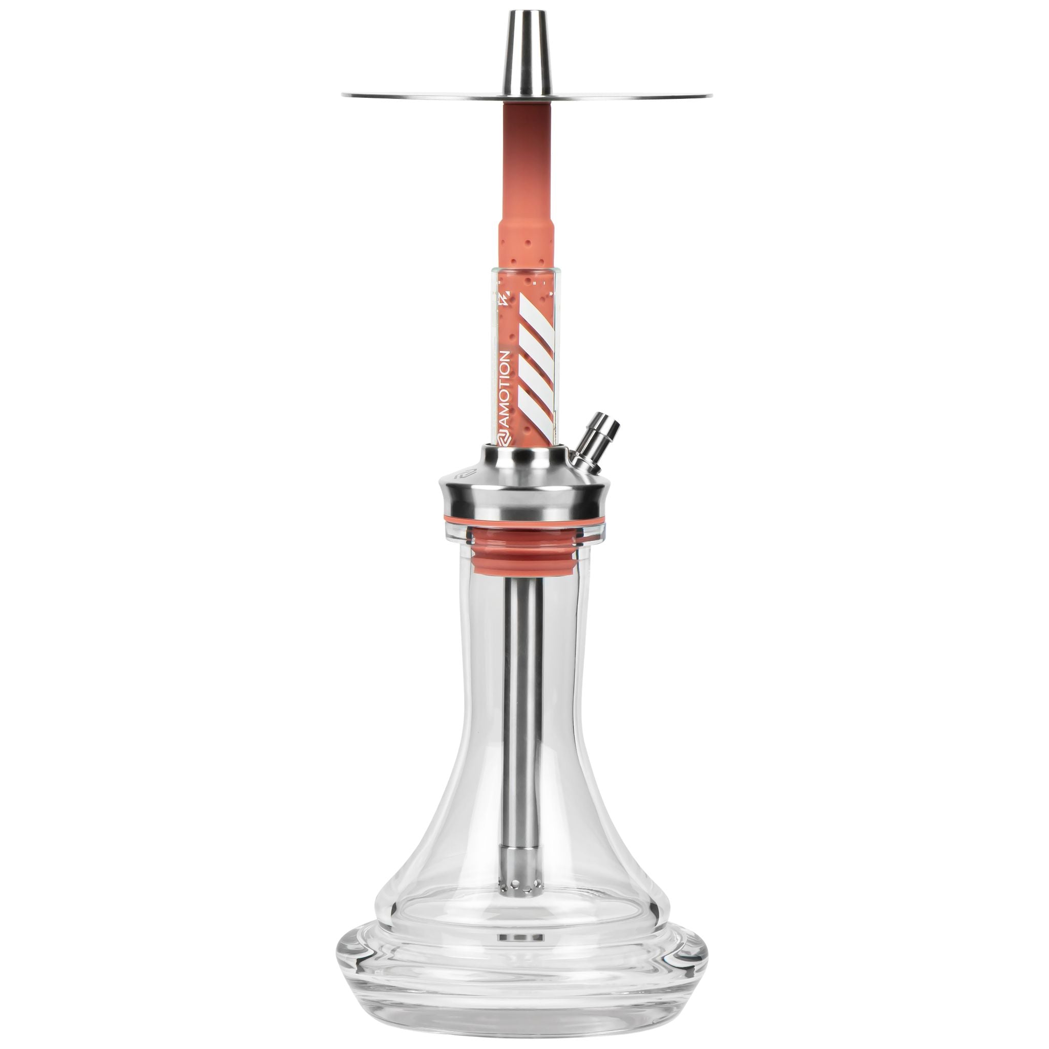 Amotion FUTR Rouge shisha front view — translucent red glass column with diagonal Amotion graphic, stainless plate and clear plug-in glass base
