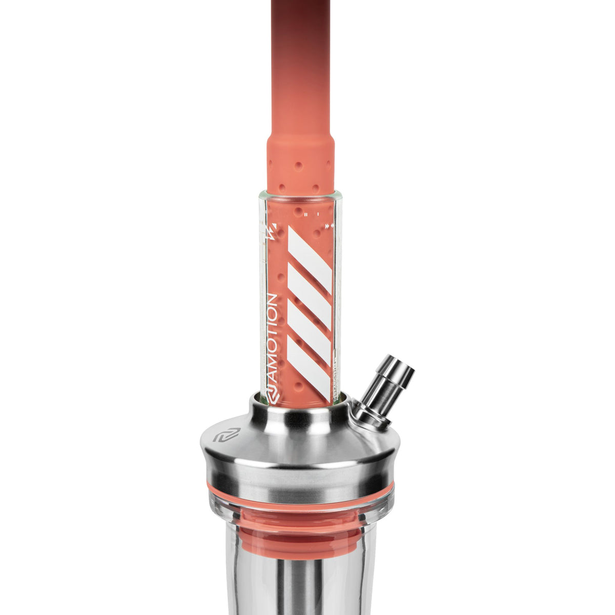 Amotion FUTR Rouge upper section — red glass column with diagonal Amotion stripe graphic and stainless steel hose port, image 4 of 6