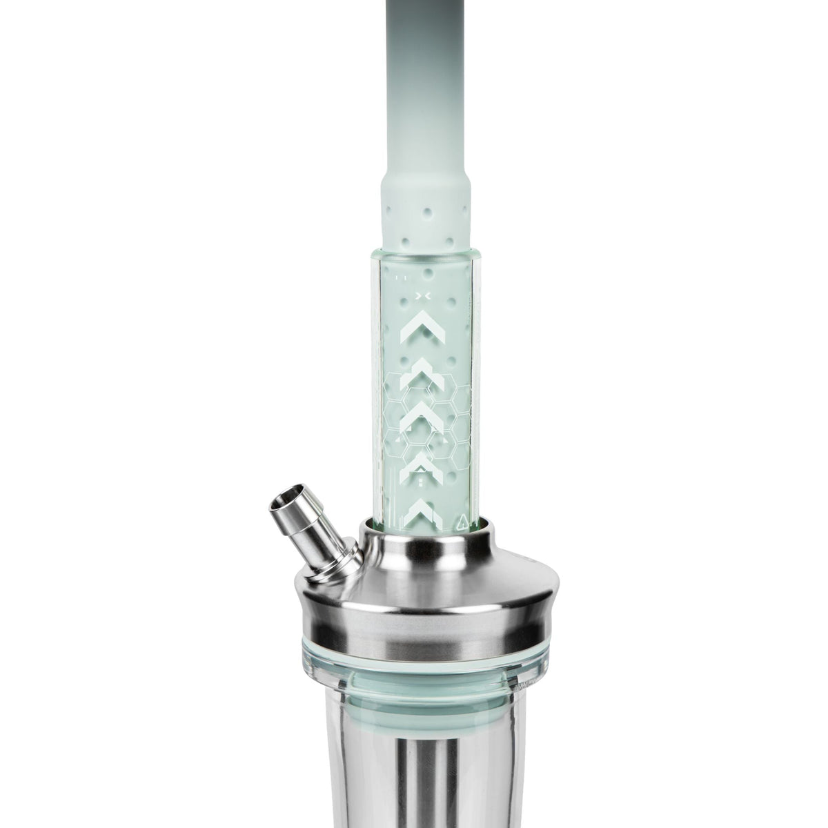 Amotion FUTR Sky column close-up — chevron and honeycomb graphic etched into the pale-blue glass column above the stainless hose port, image 6 of 6