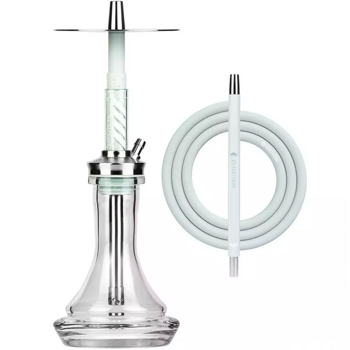 Amotion FUTR Sky shisha complete set — pale-blue silicone hose, coordinated mouthpiece, 45 mm plug-in glass base, from The Premium Way