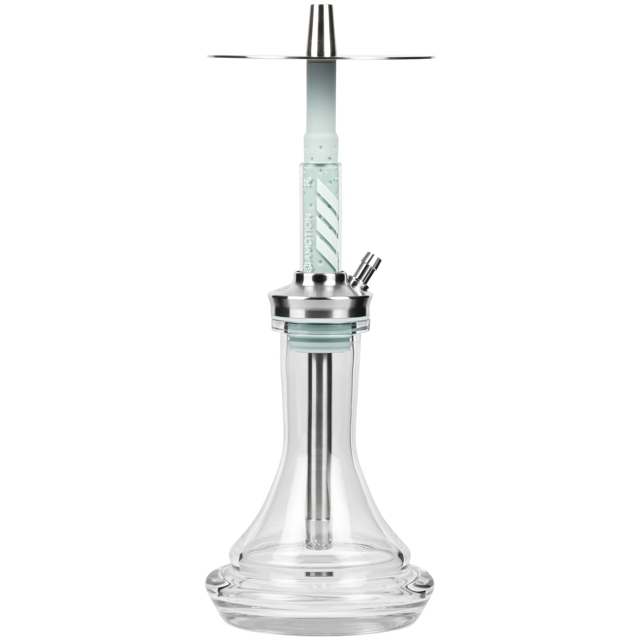 Amotion FUTR Sky shisha front view — translucent pale-blue glass column with chevron graphic, stainless plate and clear plug-in base