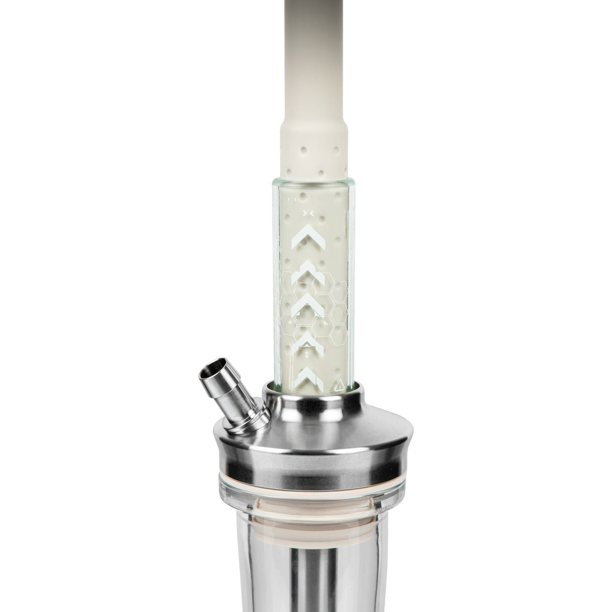 Amotion FUTR Stone column close-up — chevron and honeycomb graphic etched into the stone-grey glass column above the stainless hose port, image 6 of 6