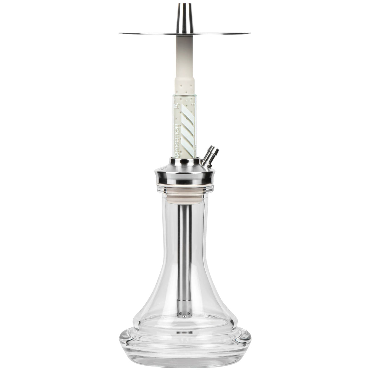 Amotion FUTR Stone shisha front view — translucent stone-grey glass column with chevron graphic, stainless plate and clear plug-in base, image 2 of 6