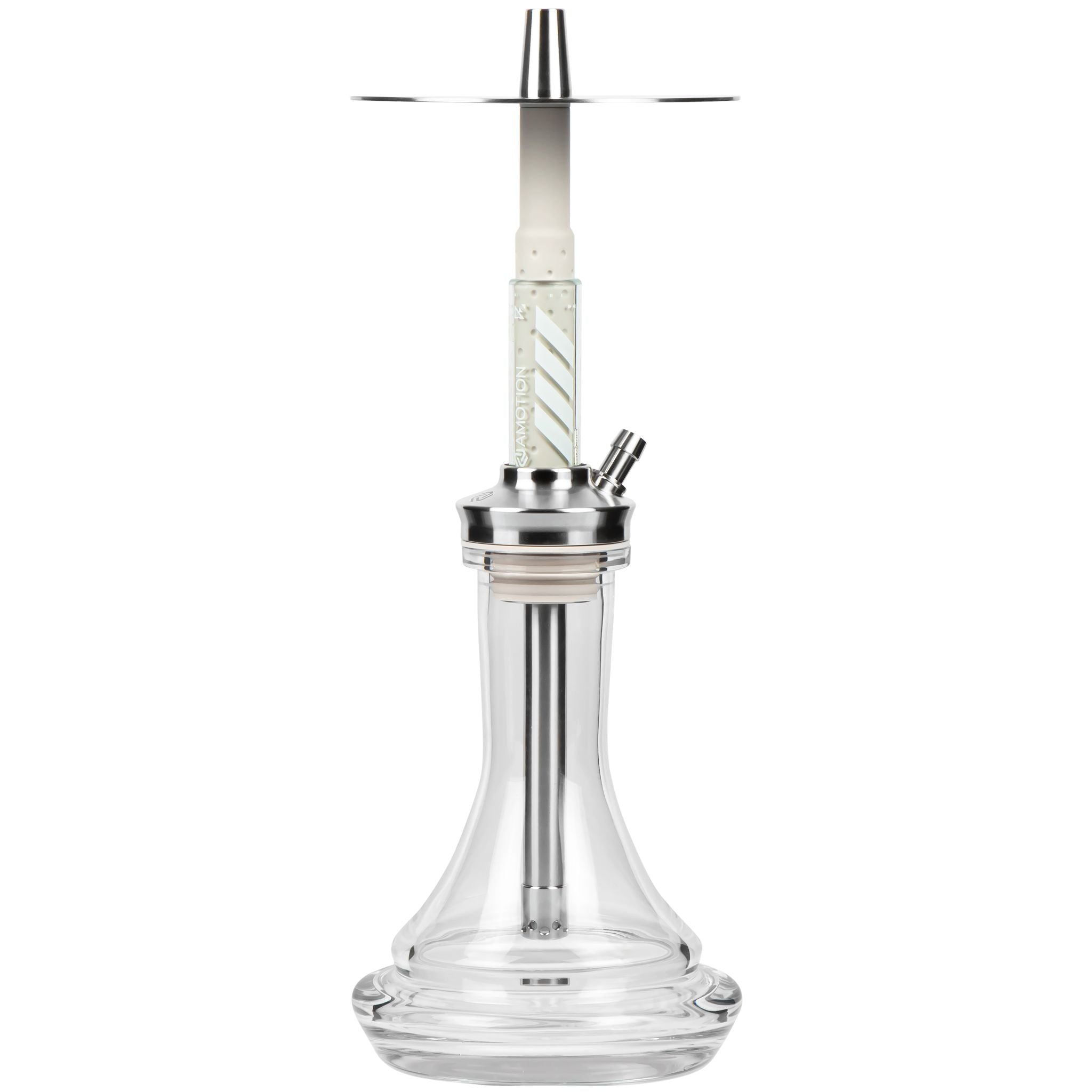 Amotion FUTR Stone shisha front view — translucent stone-grey glass column with chevron graphic, stainless plate and clear plug-in base