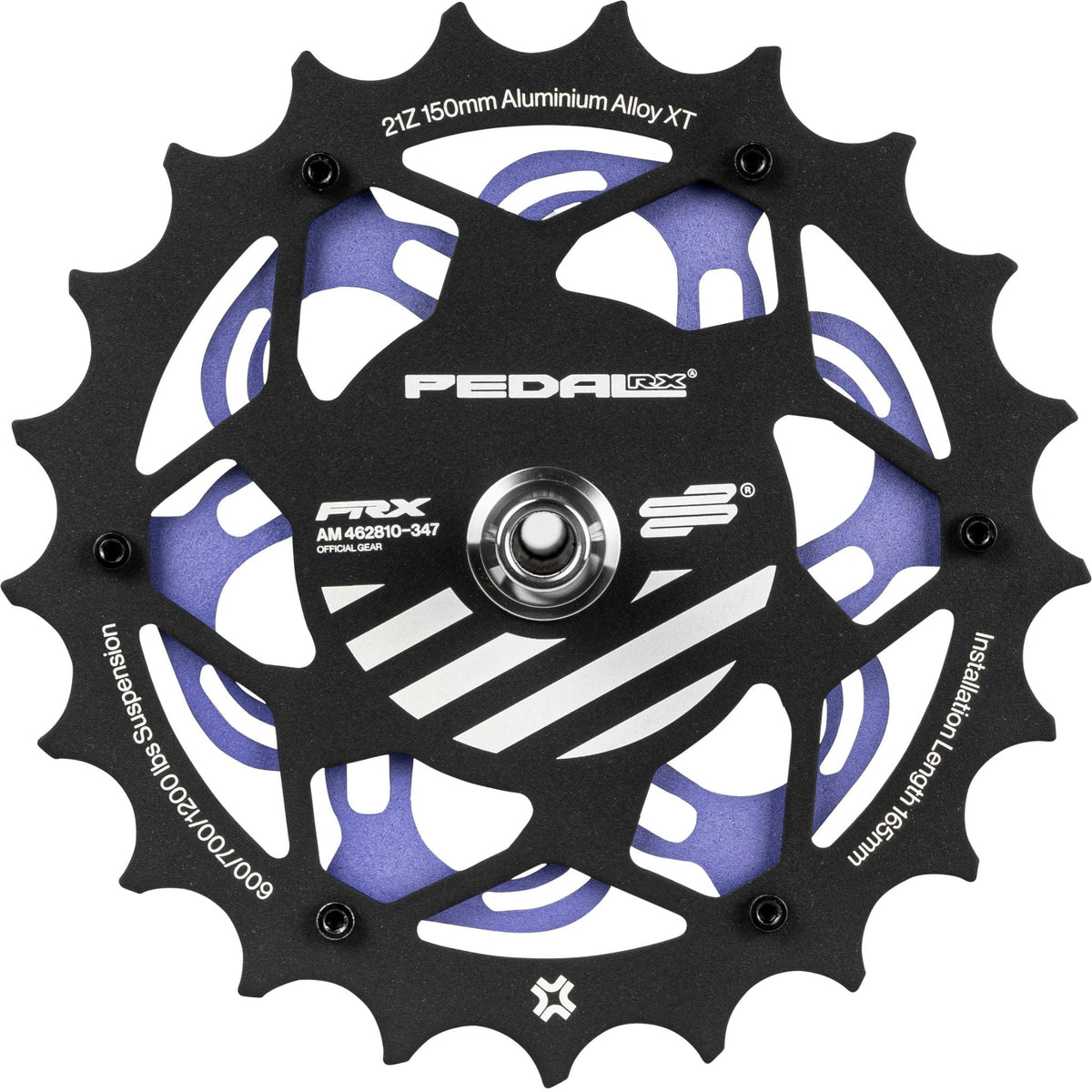 Amotion Pedal RX Grape charcoal plate top — black aluminium chainring with purple highlights and Pedal RX cycling-spec engraving, image 4 of 7