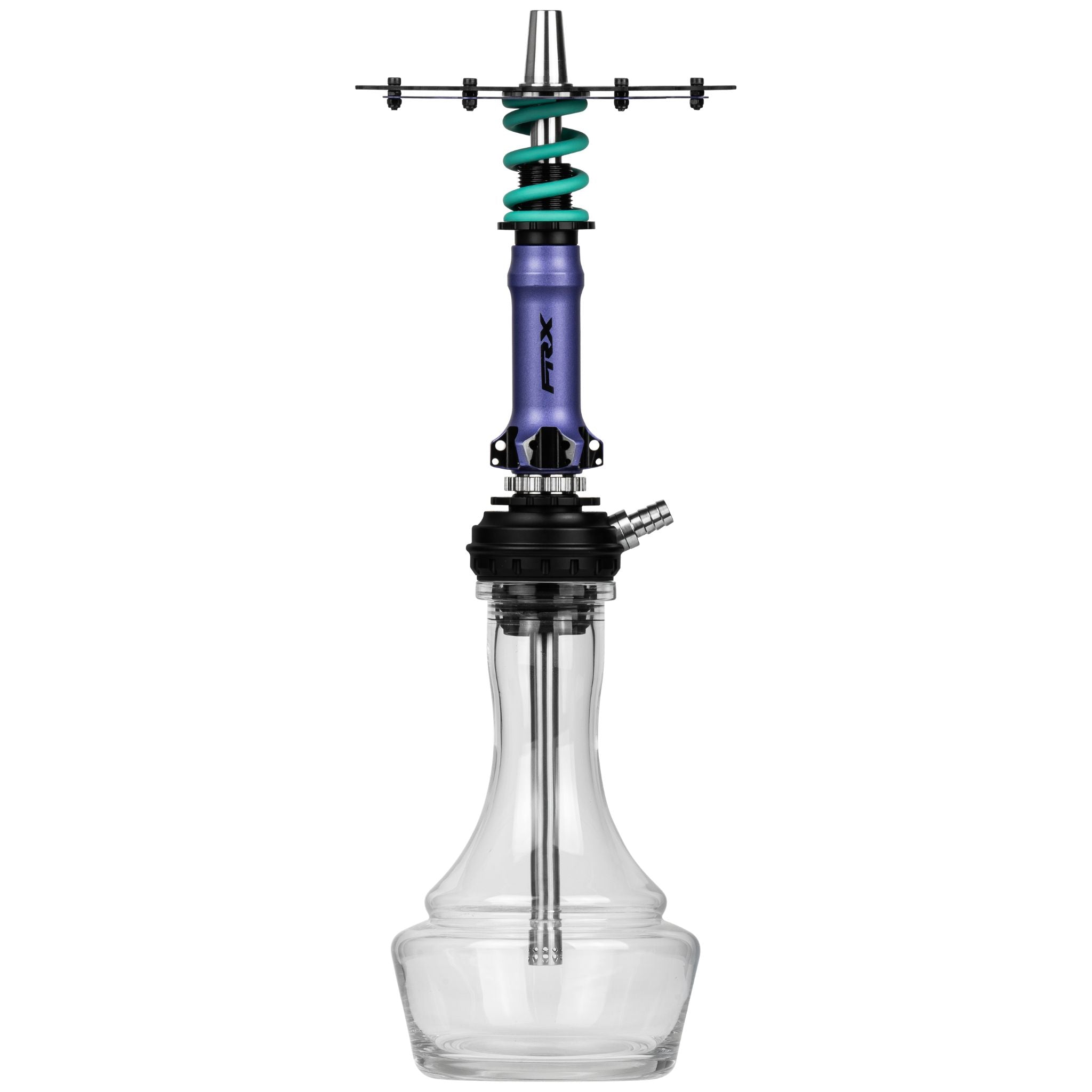 Amotion Pedal RX Grape shisha front view — bike-inspired purple sleeve, teal shock spring, chainring plate and clear plug-in glass base