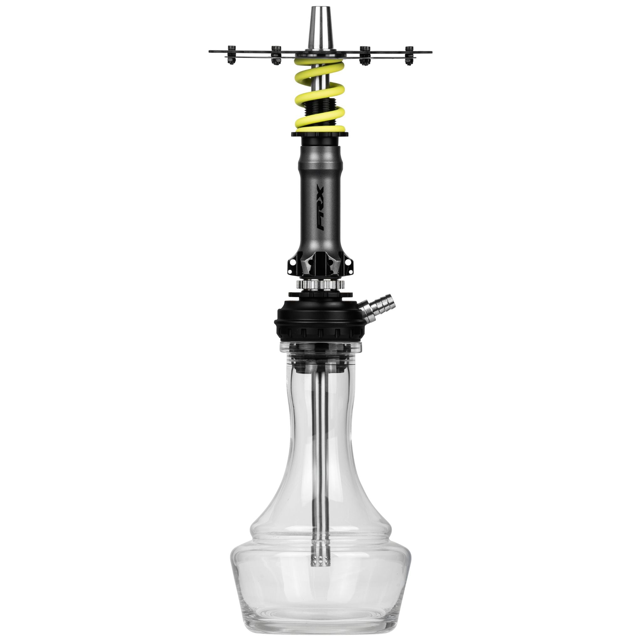 Amotion Pedal RX Slate shisha front view — bike-inspired grey sleeve, yellow shock spring, chainring plate and clear plug-in glass base