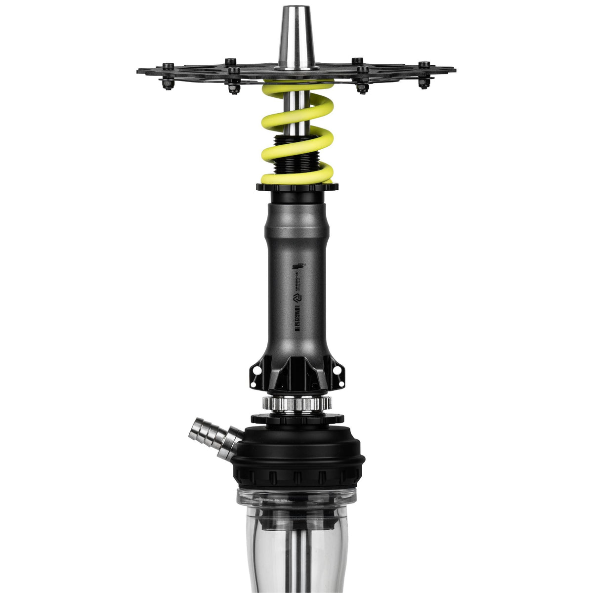 Amotion Pedal RX Slate shock-absorber detail — yellow coil spring over the industrial-grey anodised sleeve with bike-style mounts, image 4 of 6
