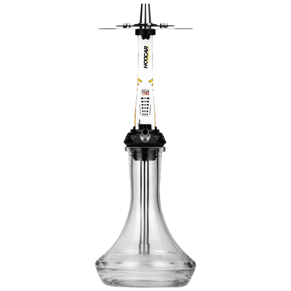 Amotion Valve AM23 shisha with the racing-exhaust blow-off purge vents facing forward, white-and-yellow gloss sleeve and clear glass base, image 9 of 12