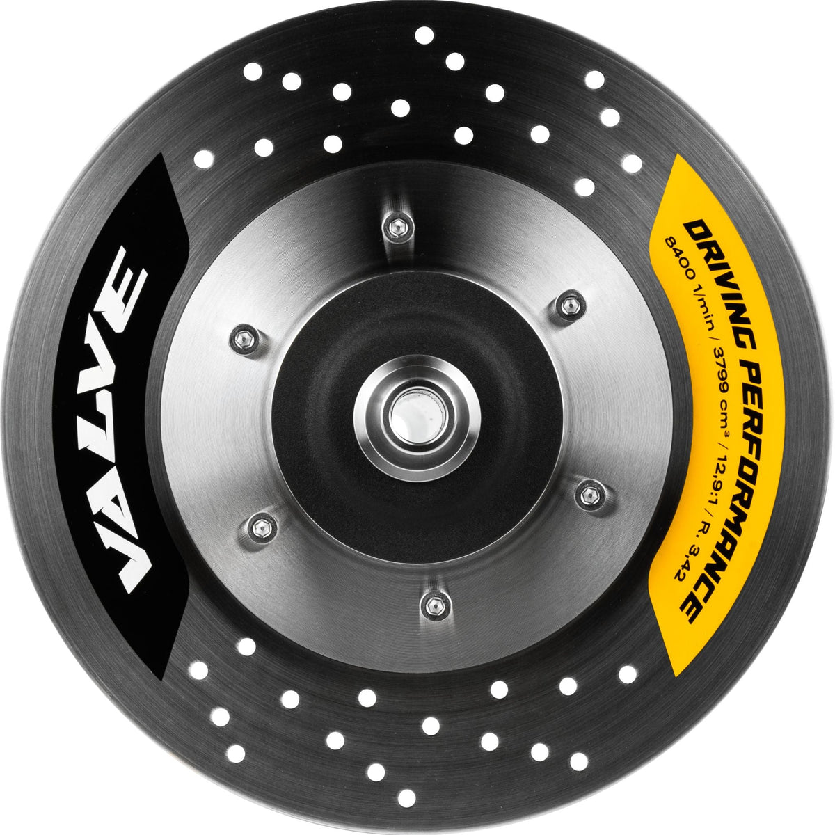 Flat top-down view of the Amotion Valve AM23 dual brake-disc charcoal plate in brushed stainless steel with bold VALVE branding, image 10 of 12
