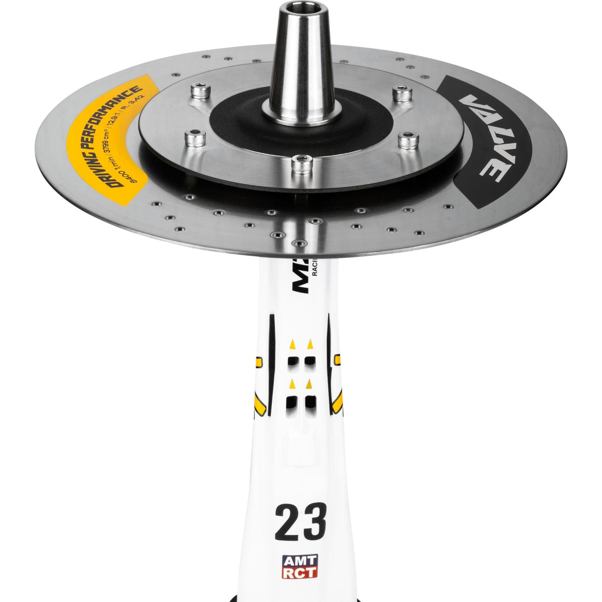 Top view of the Amotion Valve AM23 brake-disc charcoal plate engraved VALVE Driving Performance, with the central bowl-adapter cone, image 5 of 12