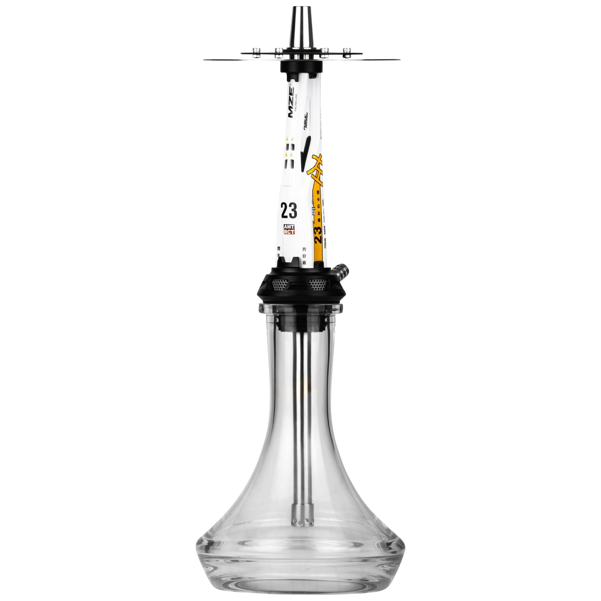 Amotion Valve AM23 shisha front view, the 52cm motorsport flagship with high-gloss white-and-yellow painted-aluminium sleeve and MZE decals