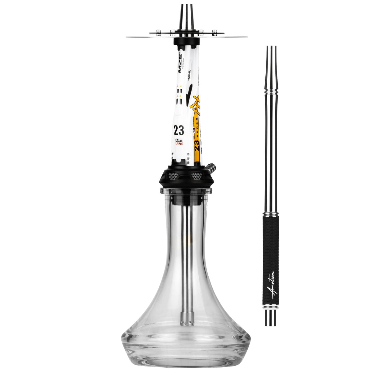 Amotion Valve AM23 shisha and matching braided mouthpiece, side view showing the brake-disc charcoal plate and clear plug-in glass base, image 3 of 12
