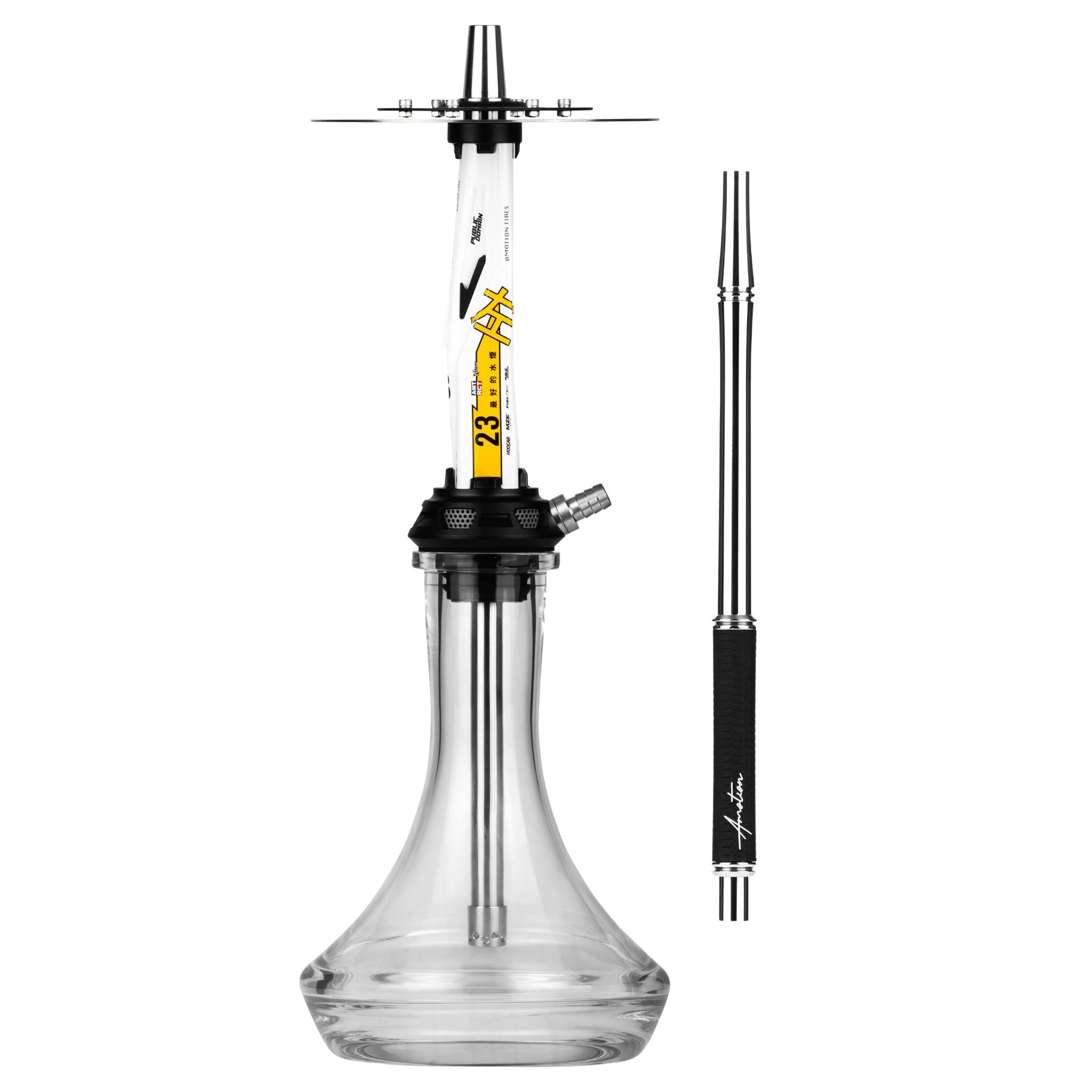 Amotion Valve AM23 shisha in white-and-yellow race livery, shown with the included colour-matched braided mouthpiece, from The Premium Way