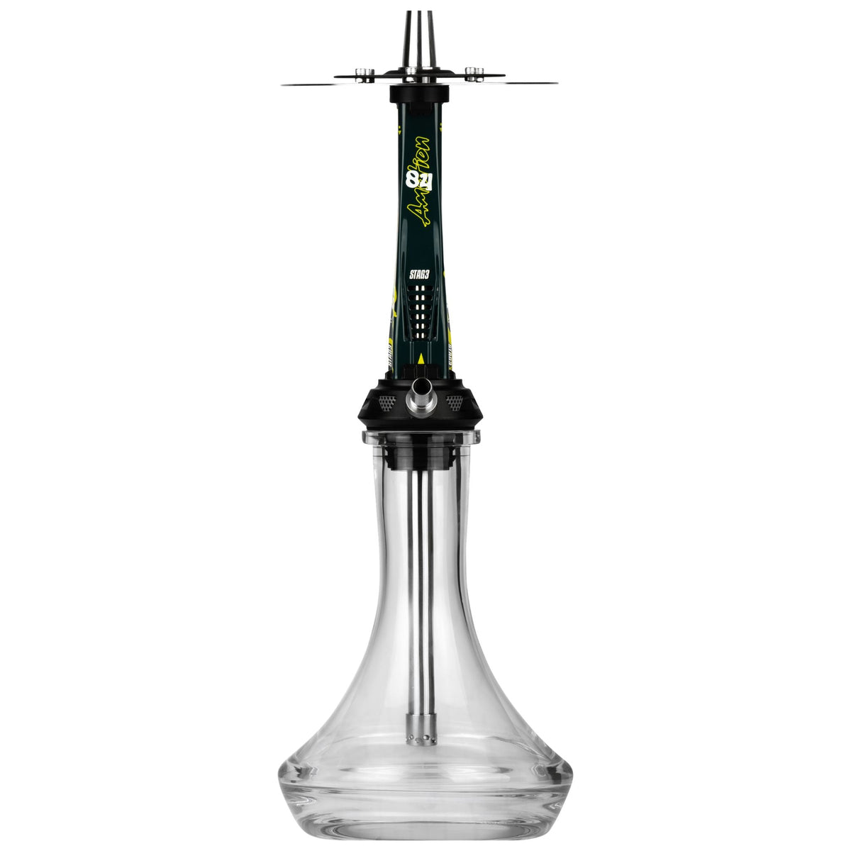 Amotion Valve AM84 shisha with the racing-exhaust blow-off purge vents facing forward, racing-green gloss sleeve and clear glass base, image 9 of 12