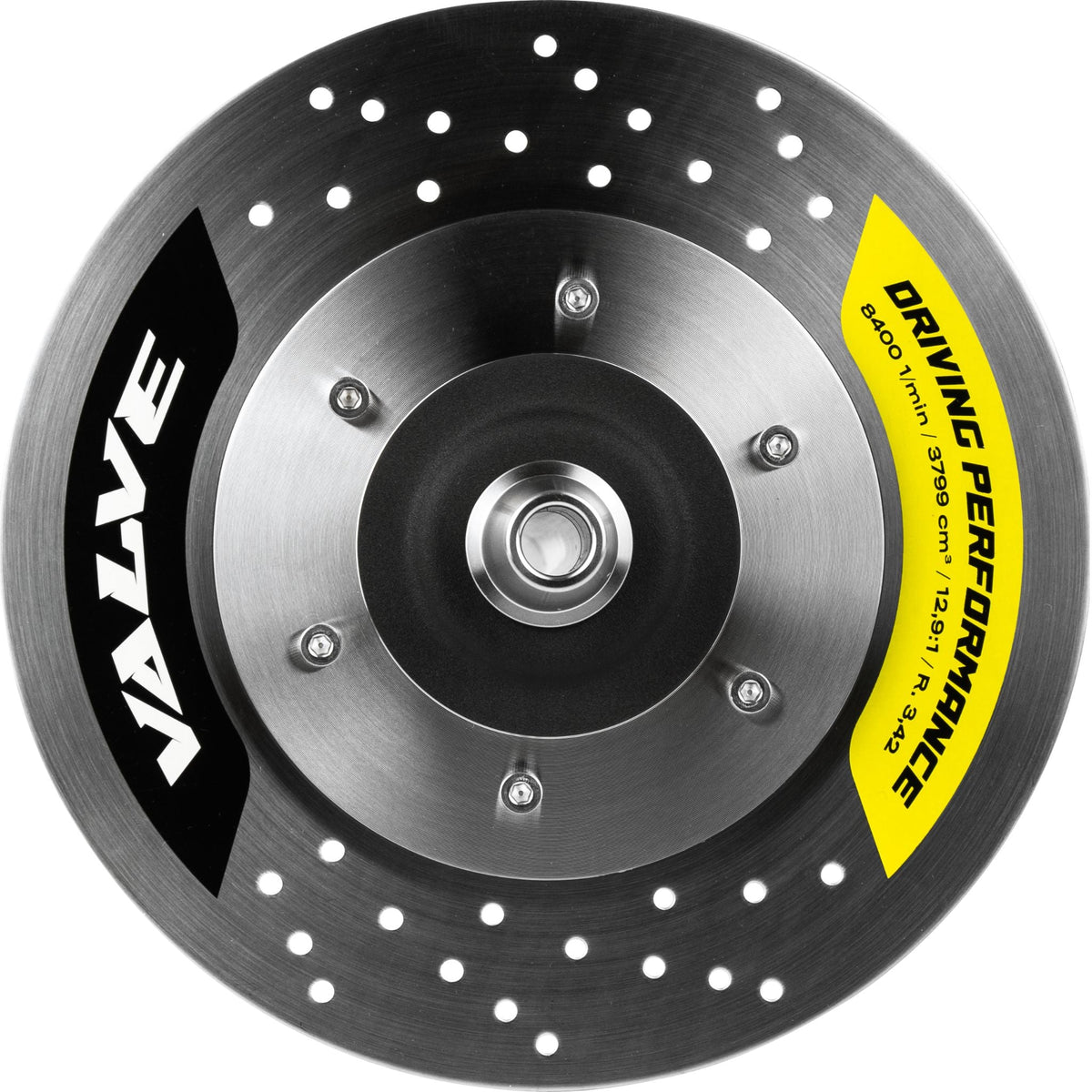 Flat top-down view of the Amotion Valve AM84 dual brake-disc charcoal plate in brushed stainless steel with bold VALVE branding, image 10 of 12