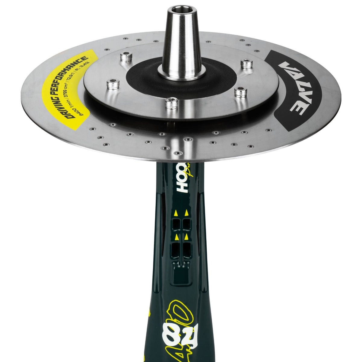 Top view of the Amotion Valve AM84 brake-disc charcoal plate engraved VALVE Driving Performance, with the central bowl-adapter cone, image 5 of 12