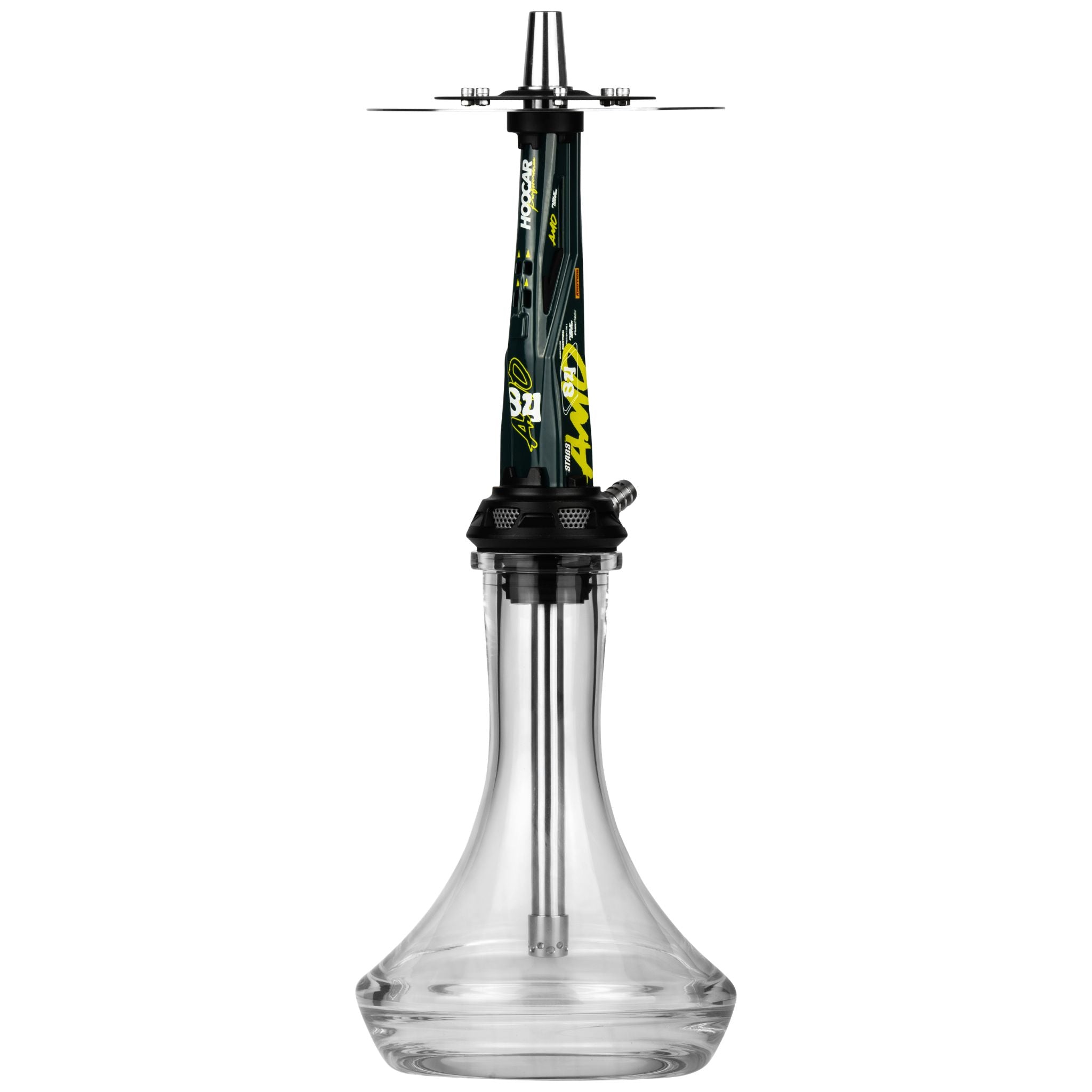 Amotion Valve AM84 shisha front view, the 52cm motorsport flagship with high-gloss racing-green painted-aluminium sleeve and HOOCAR decals