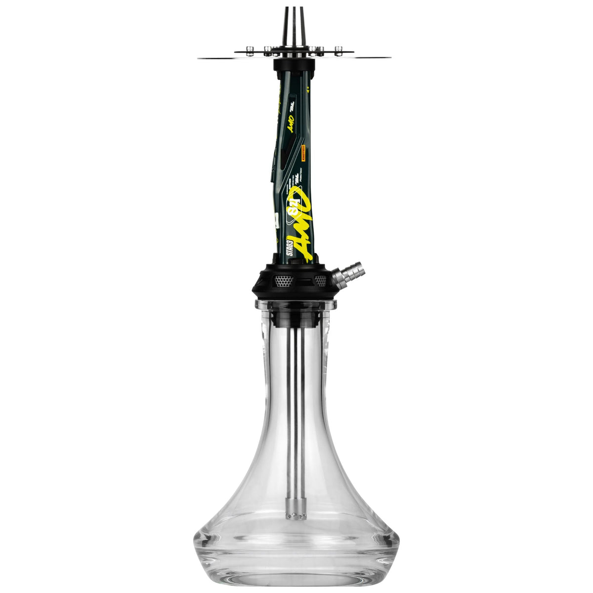 Side view of the Amotion Valve AM84 shisha with the single stainless steel hose connector and HOOCAR Performance graphics on the sleeve, image 8 of 12