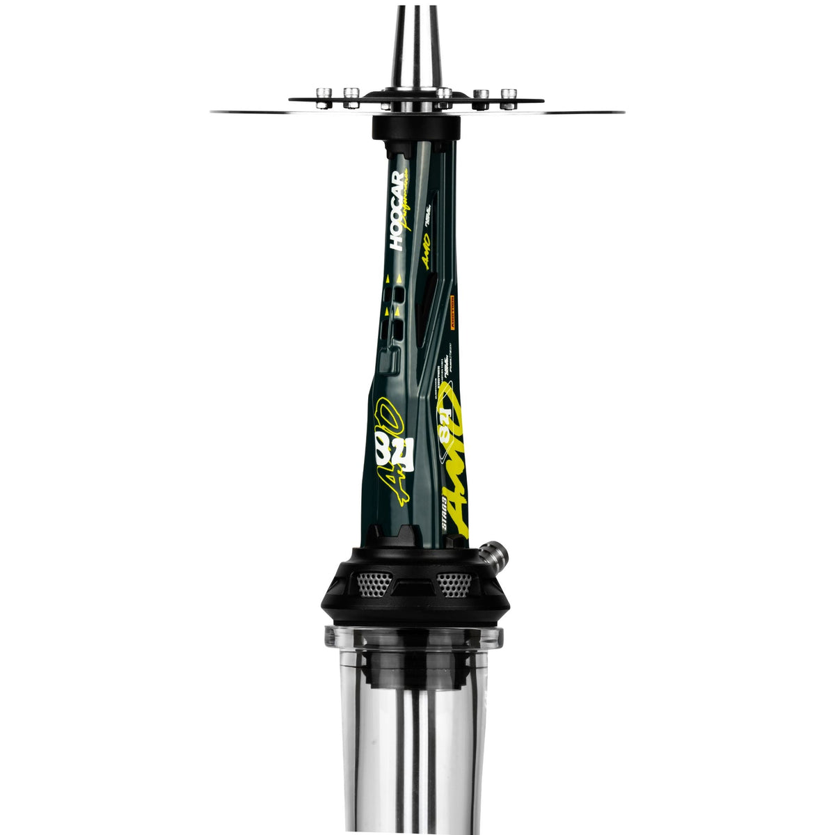 Close-up of the Amotion Valve AM84 upper stem and dual stainless steel brake-disc charcoal plate above the racing-green sleeve, image 4 of 12