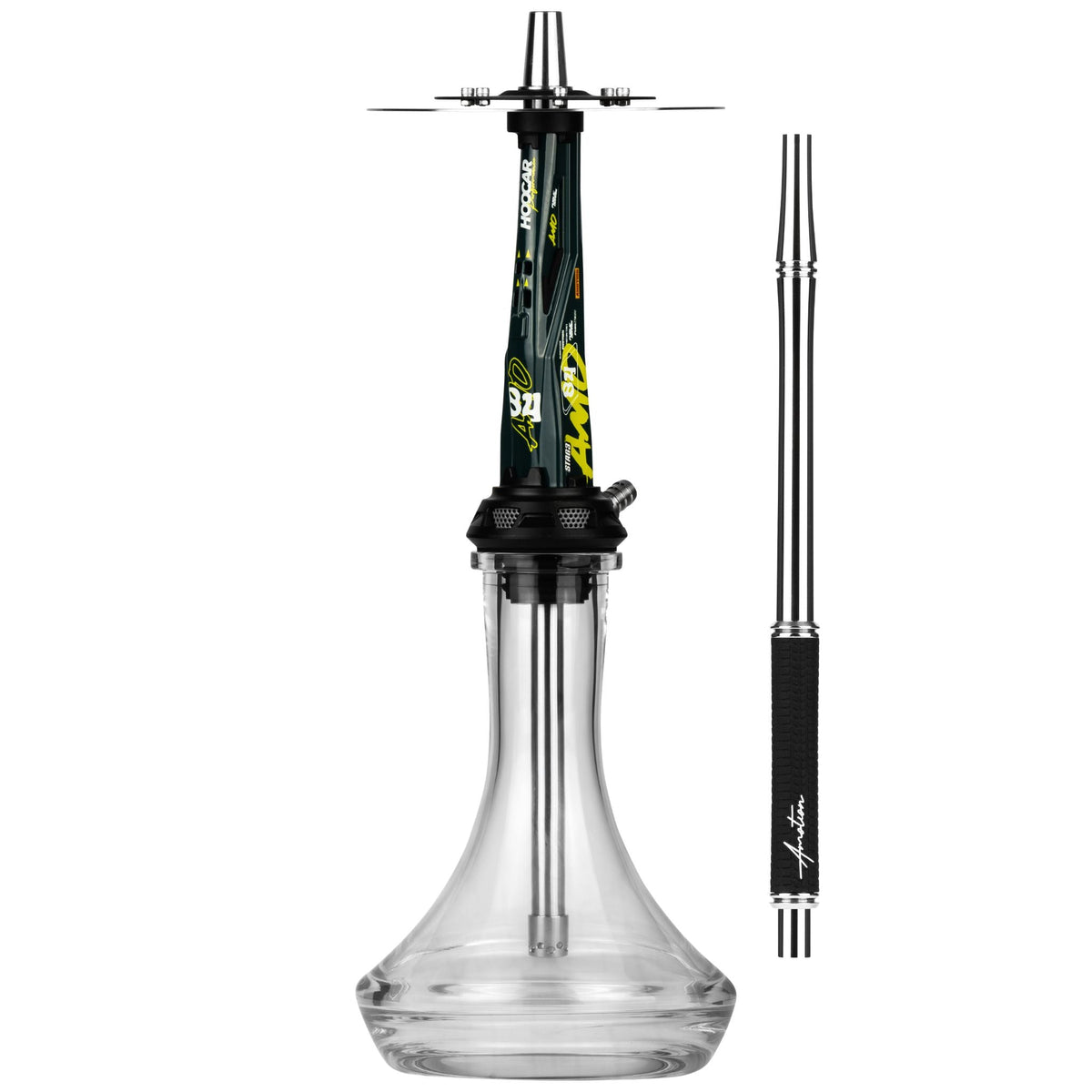 Amotion Valve AM84 shisha and matching braided mouthpiece, side view showing the brake-disc charcoal plate and clear plug-in glass base, image 3 of 12