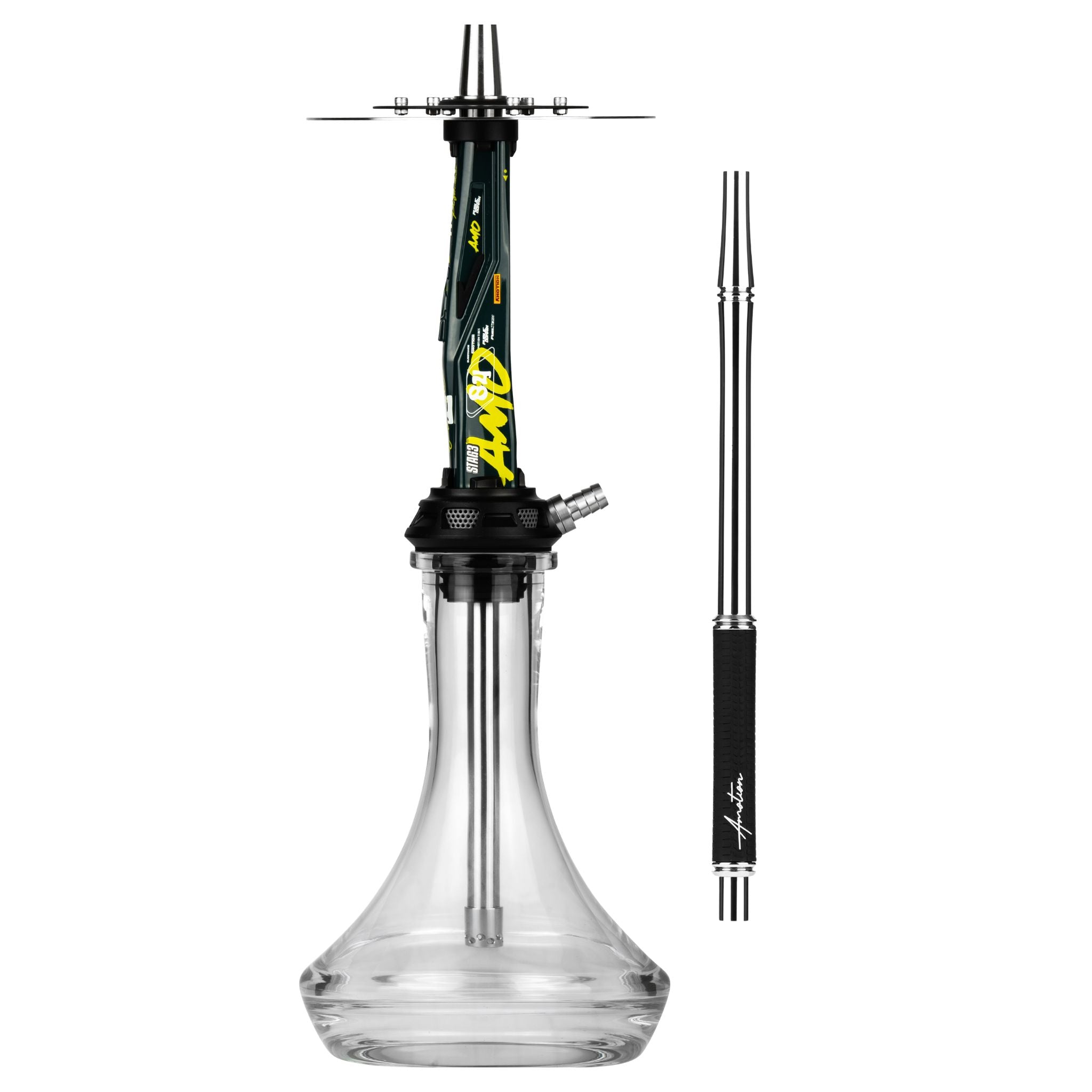 Amotion Valve AM84 shisha in deep British racing green with yellow accents, shown with the included colour-matched mouthpiece, from The Premium Way