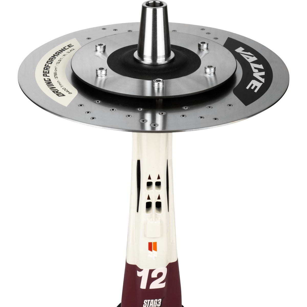 Top view of the Amotion Valve GT12 brake-disc charcoal plate engraved VALVE Driving Performance, with the central bowl-adapter cone, image 5 of 12