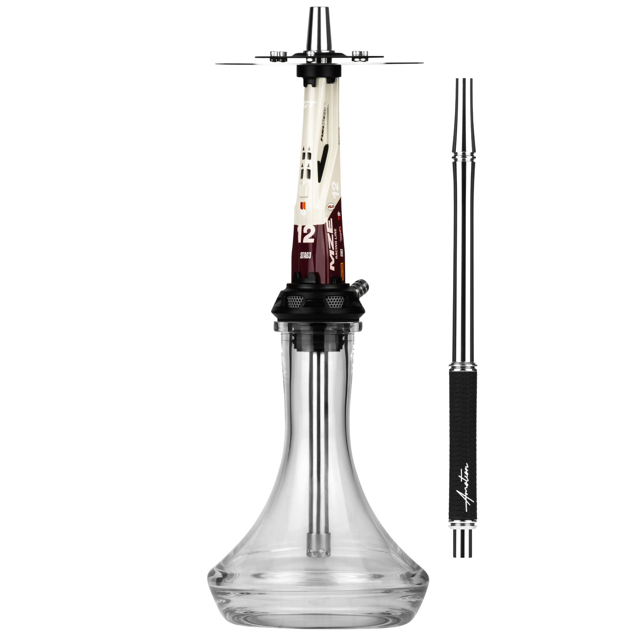 Amotion Valve GT12 shisha and matching braided mouthpiece, side view showing the brake-disc charcoal plate and clear plug-in glass base