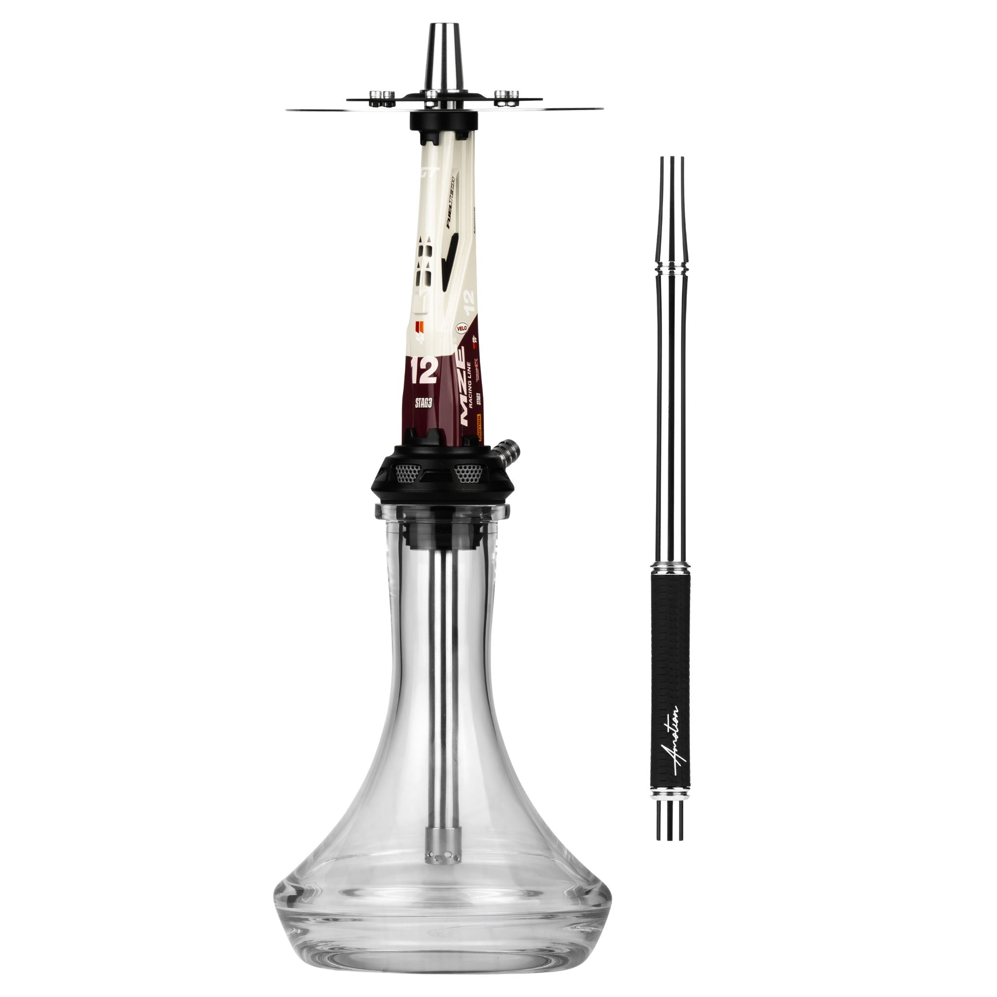 Amotion Valve GT12 shisha in beige and red GT-racing gloss, shown with the included colour-matched braided mouthpiece, from The Premium Way